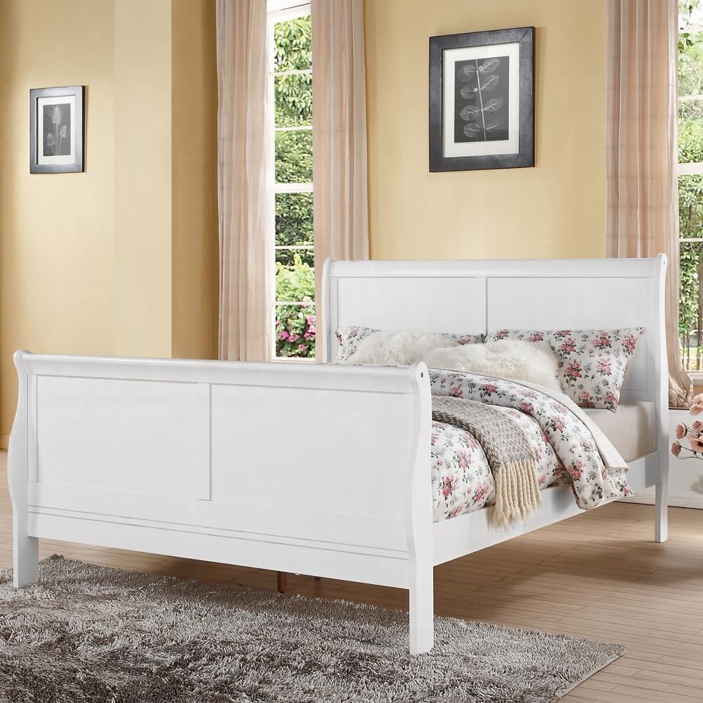 Elegant White Queen Sleigh Bed Frame with Tall Headboard and Footboard, Queen Size Platform Bedframe, Under Bed Storage Space, Strong Wooden Slats, Modern Mattress Foundation (Queen)