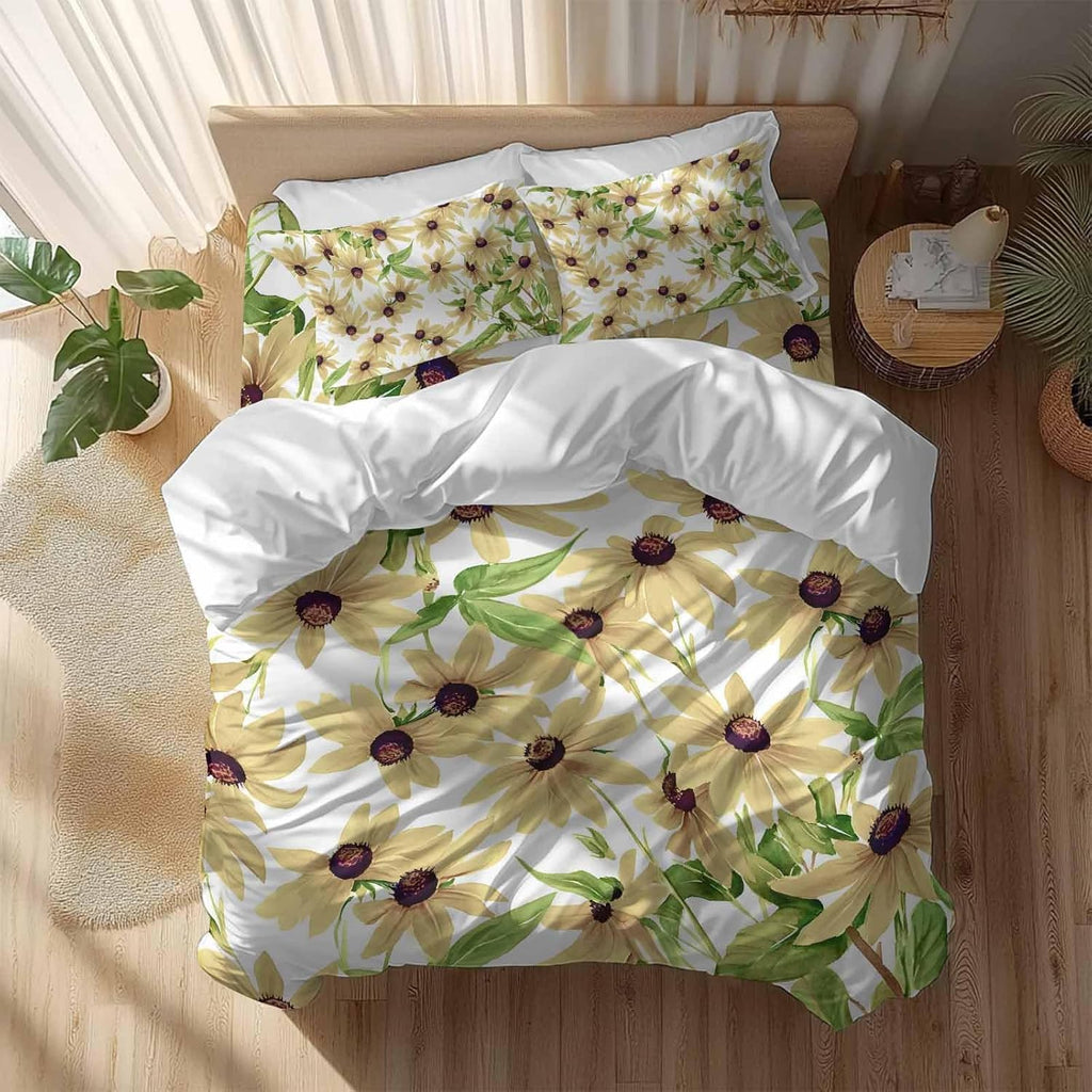 Light Yellow Sunflower Duvet Cover Set Queen Size 4 Pieces Watercolor Flower Green Leaf Spring Country Bedding Set with Zipper Closure, 1 Comforter Cover 92x106 Inches 1 Flat Sheet & 2 Pillow Cases