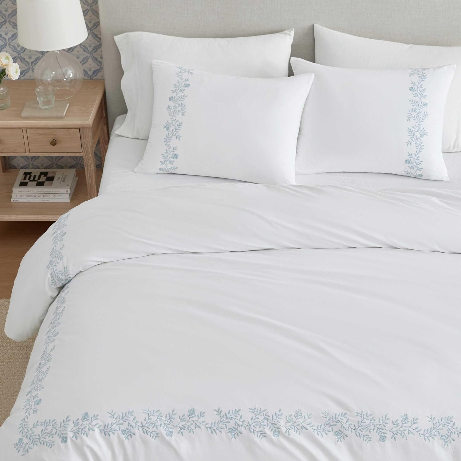 Martha Stewart - King Duvet Cover Set, 100% Soft Cotton Bed Set with a Smooth Cotton Percale Reverse, 3 Piece Floral Bedding with Matching Pillowcases (Garden Path Embroidery Blue)