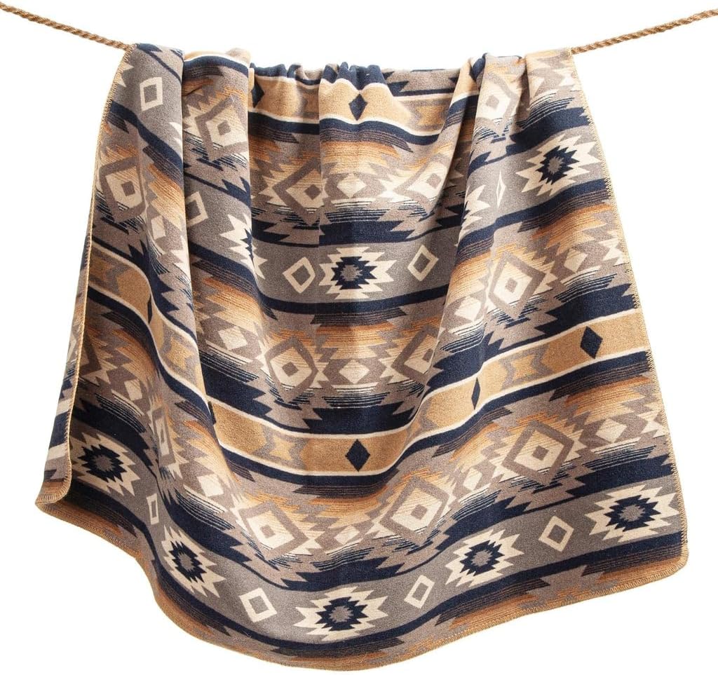 Paseo Road Taos Wool Blend Western Blanket Set, 3 Piece Full Queen Brown Geometric Print Aztec Blanket, Southwestern Tribal Indian Modern Rustic Soft Blanket Set with Pillow Shams