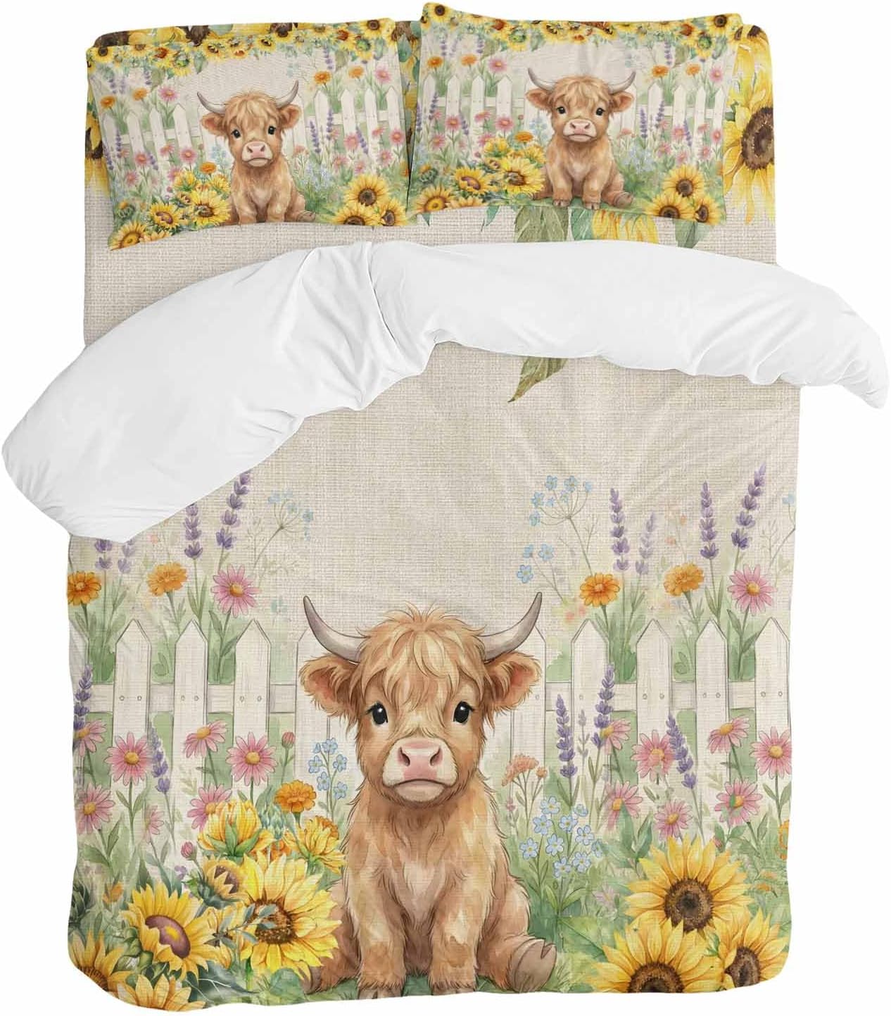 Farm Highland Cattle Duvet Cover Set Queen Size 4 Pieces Farmhouse Sunflower Cow Fence Linen Texture Bedding Set with Zipper Closure, 1 Comforter Cover 92x106 Inches 1 Flat Sheet & 2 Pillow Cases