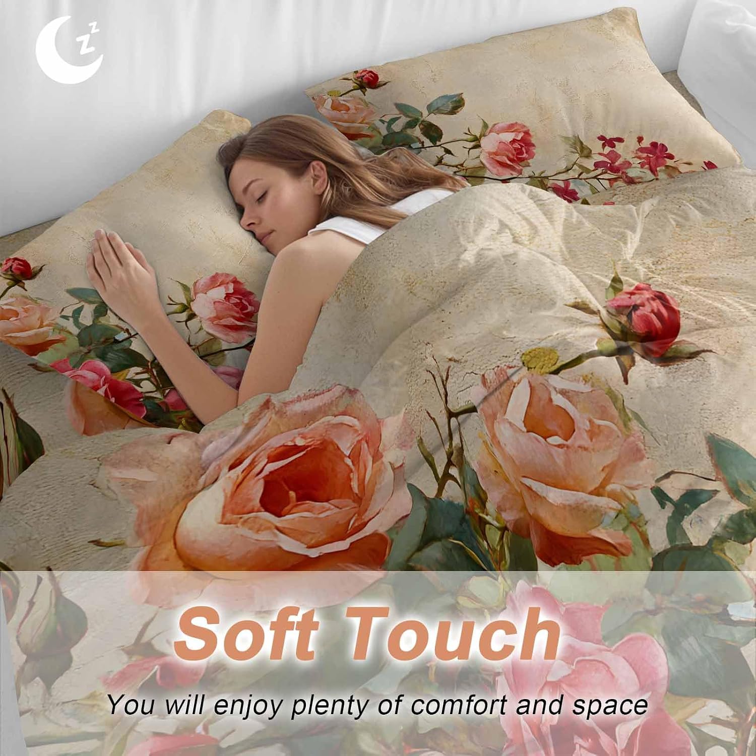 Spring Red Rose Duvet Cover Set Queen Size 4 Pieces Country Watercolor Pink Orange Floral Green Leaf Linen Bedding Set with Zipper Closure, 1 Comforter Cover 90x92 Inches 1 Flat Sheet & 2 Pillow Cases