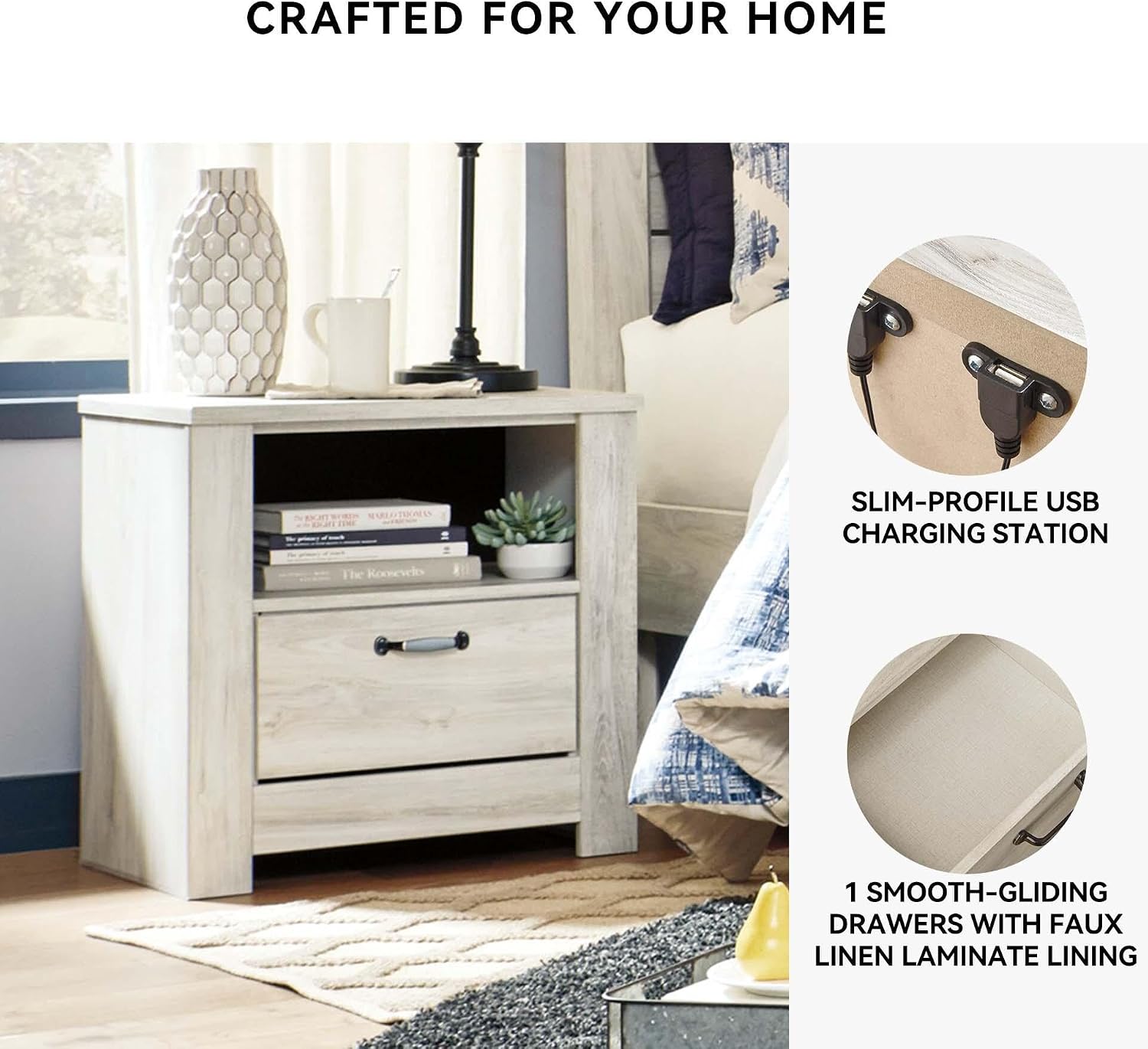 Signature Design by Ashley Bellaby Farmhouse 1 Drawer Nightstand with 1 Storage Cubby & Slim-Profile USB Charging Station, 24.61' Tall, Whitewash