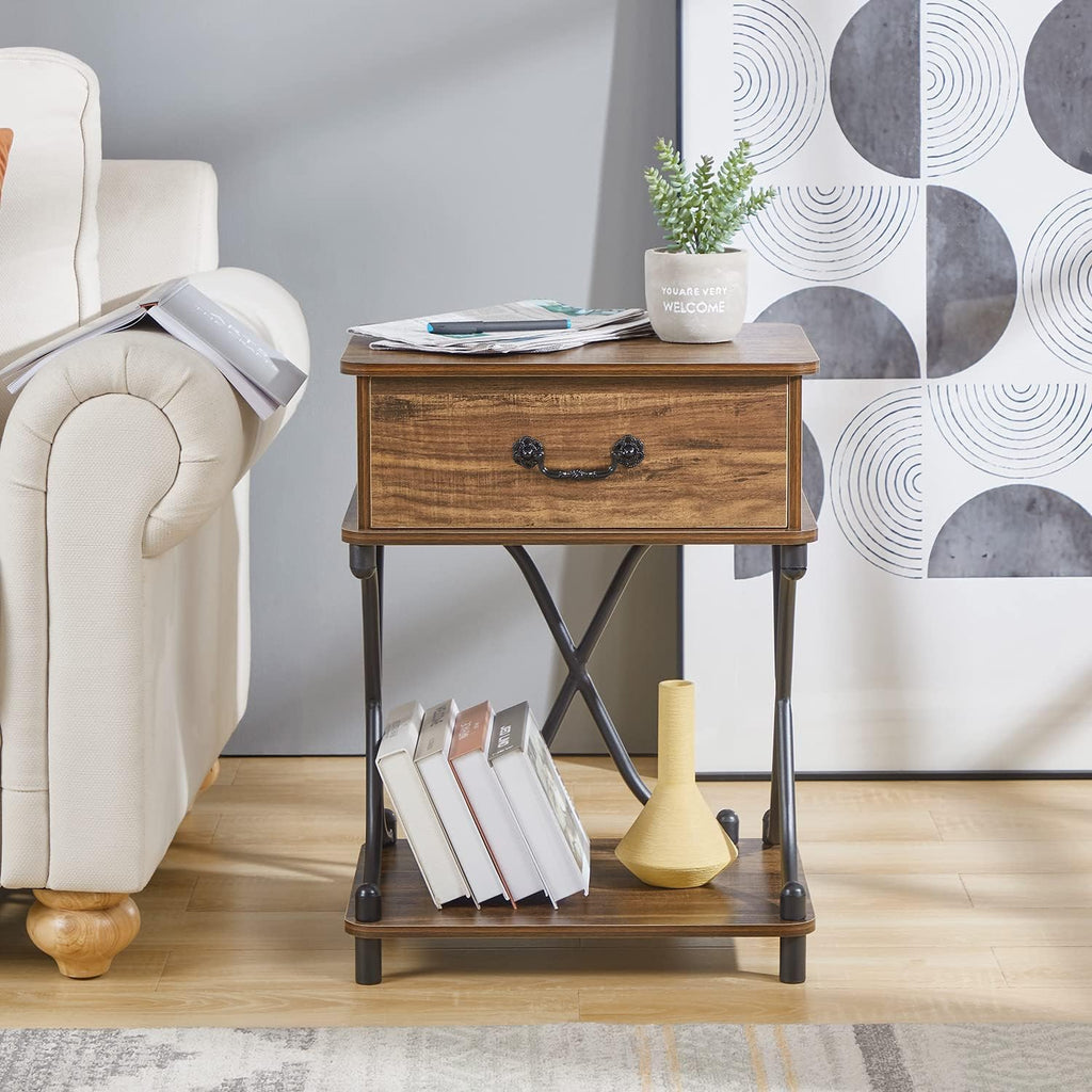 VECELO Nightstands Set of 2 with Drawer for Bedroom, Endtable Bedside Table with Storage & Open Shelf for Living Room, Brown