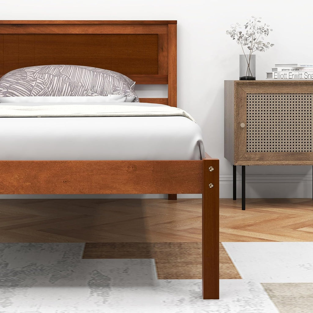 Giantex Twin Bed Frames with Headboard, Solid Wood Platform Bed with Wood Slat Support, Single Bed with 16' Under Bed Storage, Twin Bed Frames for Kids Adults Guests, Easy Assembly, Walnut