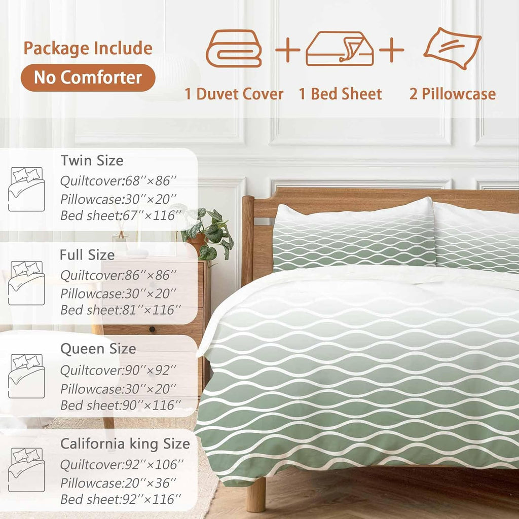Green Ombre Morocco Duvet Cover Set Queen Size 4 Pieces Modern Geometric Wave Lines Abstract Bedding Set with Zipper Closure, 1 Comforter Cover 92x106 Inches 1 Flat Sheet & 2 Pillow Cases