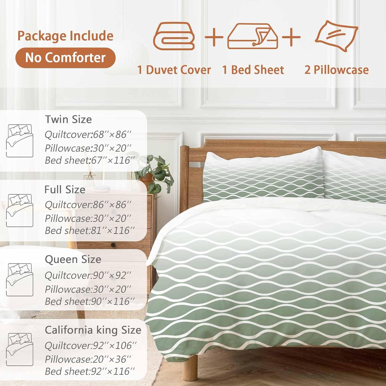 Green Ombre Morocco Duvet Cover Set Queen Size 4 Pieces Modern Geometric Wave Lines Abstract Bedding Set with Zipper Closure, 1 Comforter Cover 92x106 Inches 1 Flat Sheet & 2 Pillow Cases