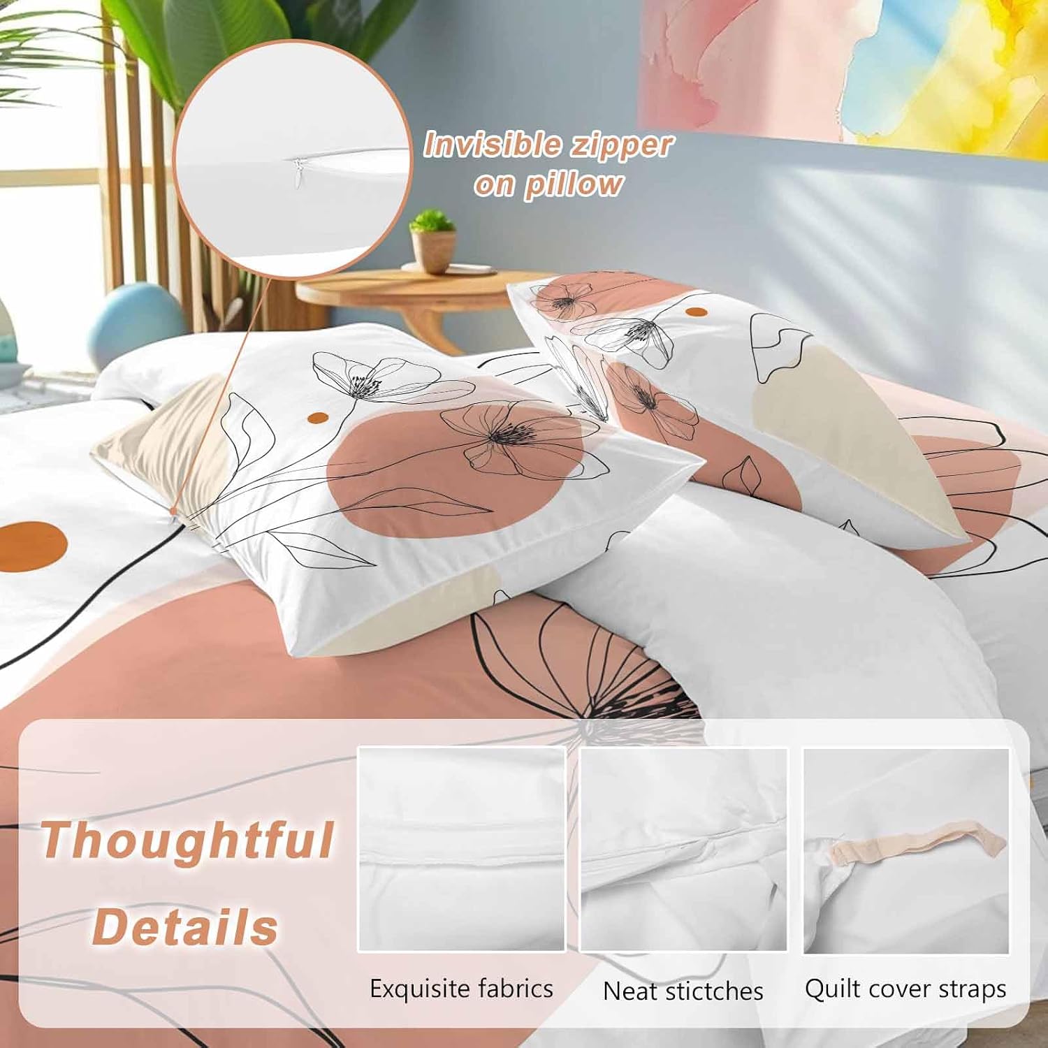 Prime Leader Floral Line Duvet Cover Set Queen Size 4 Pieces Minimalist Flower Modern Bedding Set with Zipper Closure, 1 Comforter Cover 92x106 Inches 1 Flat Sheet & 2 Pillow Cases