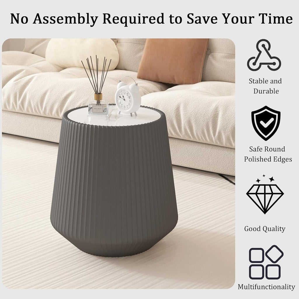 Round Living Room Table Set, 26.77' Black Drum Center Table and 19.68' Grey Coffee Table Set, 2 Pieces Coffee Table Set with Sintered Stone Tabletop, Fluted PU Leather Covered and Stable Base