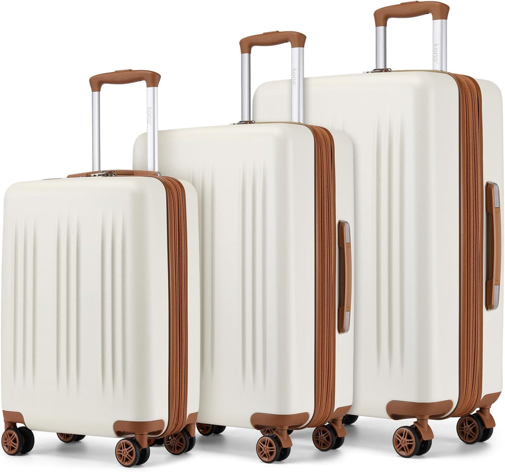 Kono Expandable Luggage 3 Piece Set Hardshell Lightweight 20in 24in 28in Carry On Suitcase with Spinner Wheels TSA Lock (Cream White & Brown)