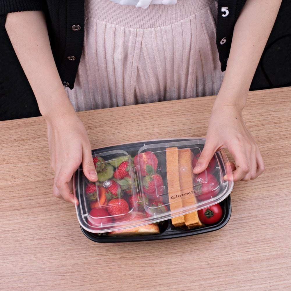 Glotoch Express 300 Pack 32oz Black 2 Compartment Square Meal Prep Containers, Food Storage Containers with Lids for Microwave Dishwasher Freezer Safe