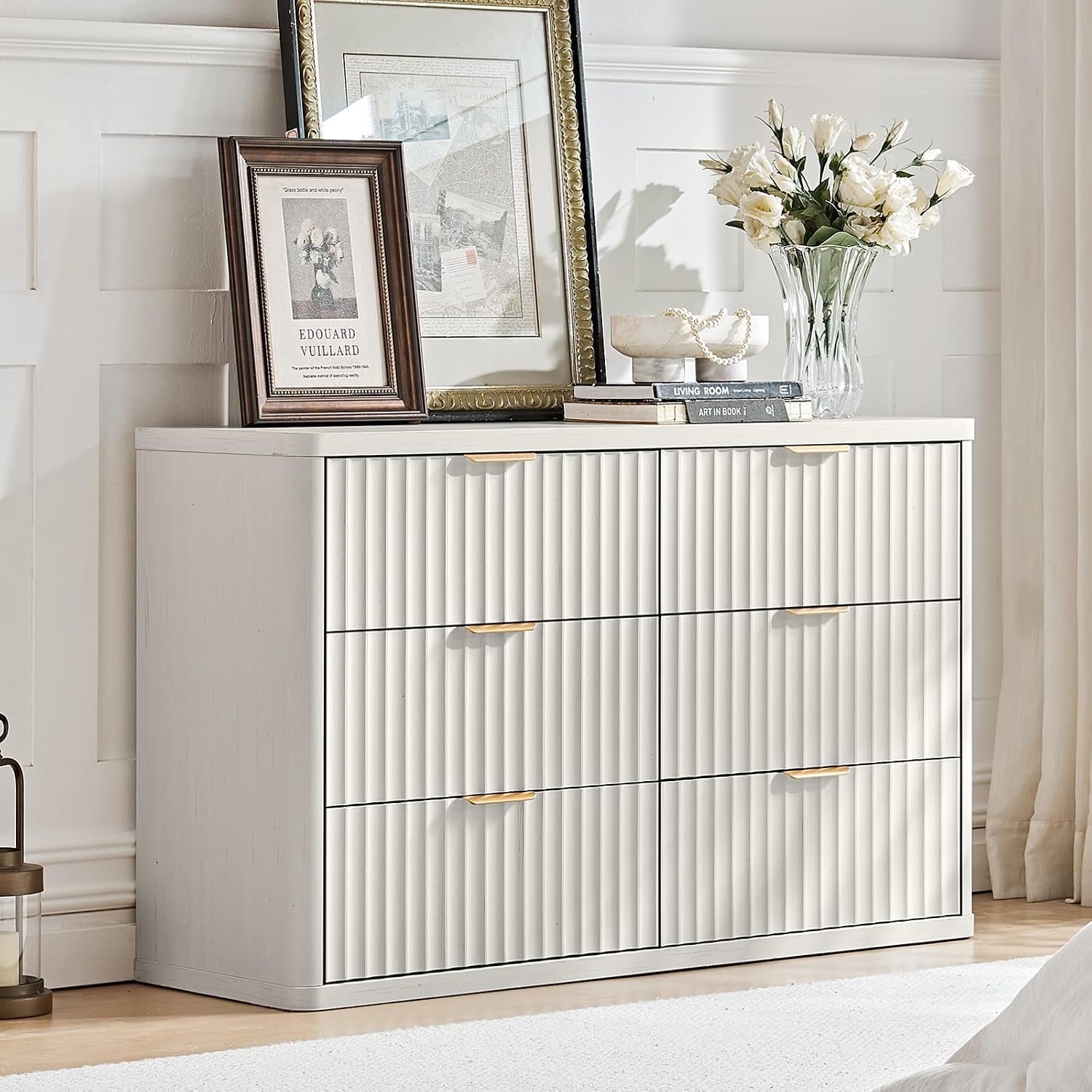 LEYAOYAO Fluted Dresser and Nightstand Sets, Wood 48' Wide Dresser & 23' Night Stand with Charging Station, 2 Piece Bedroom Furniture Set, Chest of Drawers for Bedroom,Living Room, Antique White