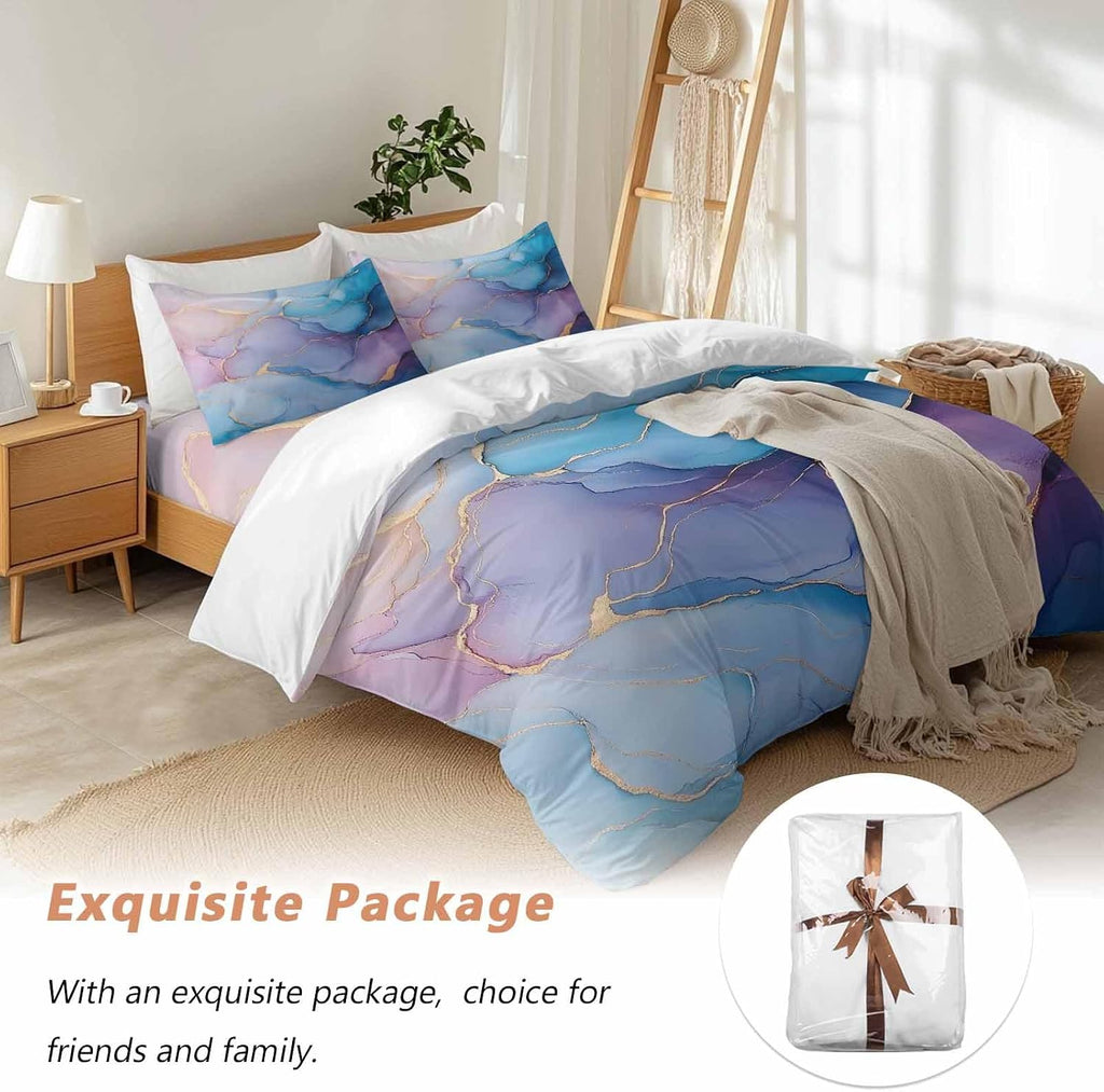 Prime Leader Abstract Impressionist Duvet Cover Set Queen Size 4 Pieces Blue Marble Texture Bedding Set with Zipper Closure, 1 Comforter Cover 92x106 Inches 1 Flat Sheet & 2 Pillow Cases