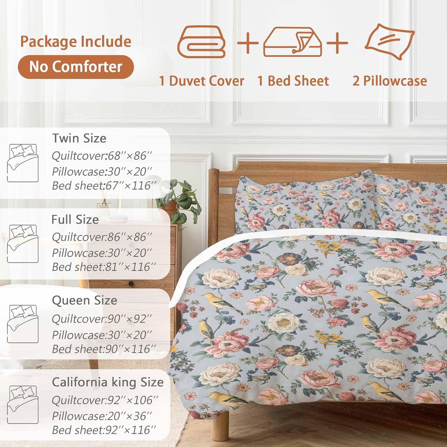 White Pink Flowers Duvet Cover Set Queen Size 4 Pieces Ethnic Retro White Floral Birds Light Purple Bedding Set with Zipper Closure, 1 Comforter Cover 92x106 Inches 1 Flat Sheet & 2 Pillow Cases