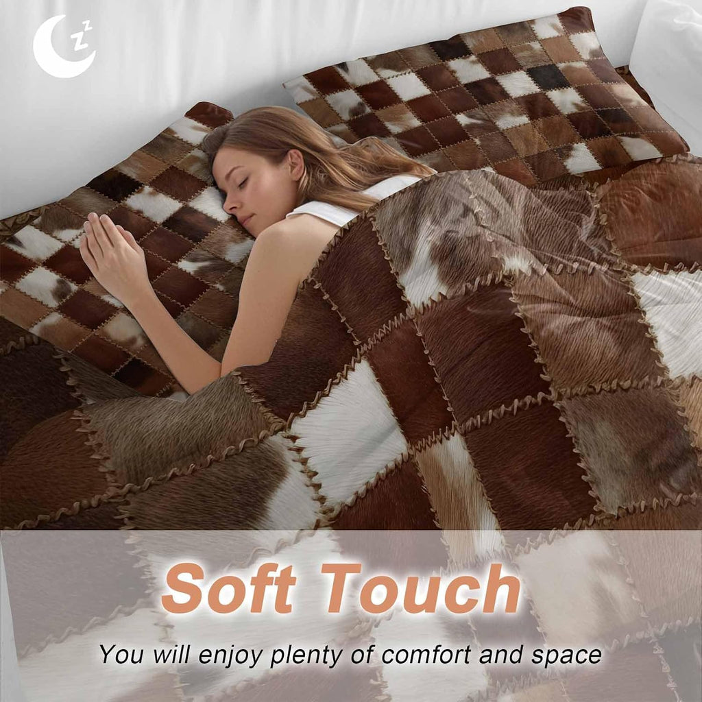 Abstract Plaid Duvet Cover Set Queen Size 4 Pieces Dark Brown Checkerboard Stitching Texture Patchwork Bedding Set with Zipper Closure, 1 Comforter Cover 90x92 Inches 1 Flat Sheet & 2 Pillow Cases