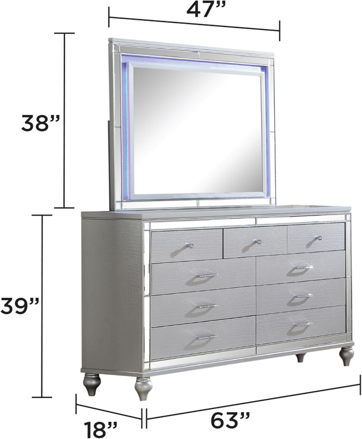Full 5 PC LED Bedroom Set Made with Wood in Silver Color