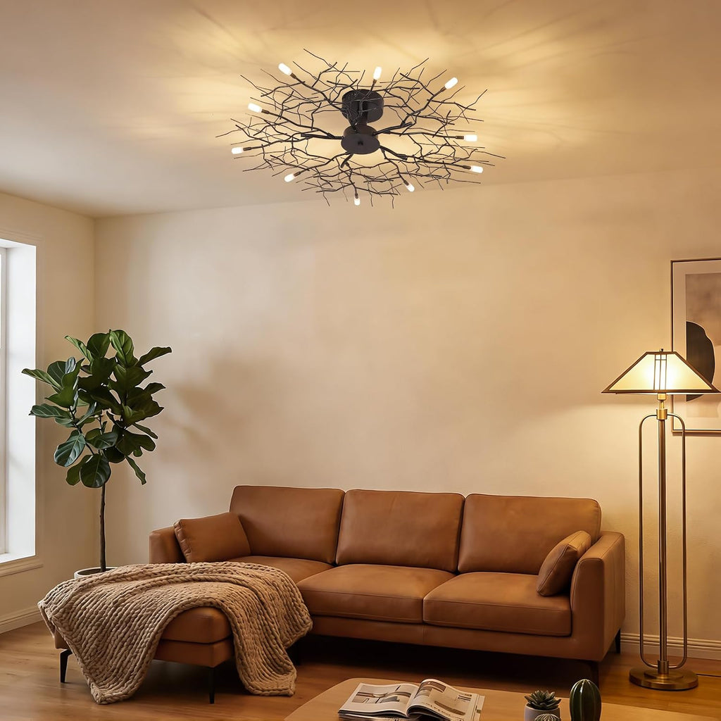 37' Large Semi Flush Mount Ceiling Light Fixture,Black Modern Chandelier with Branch Shapes,10-Lights Industrial Close to Ceiling Light Fixtures for Living Room Bedroom Kitchen Dining Room
