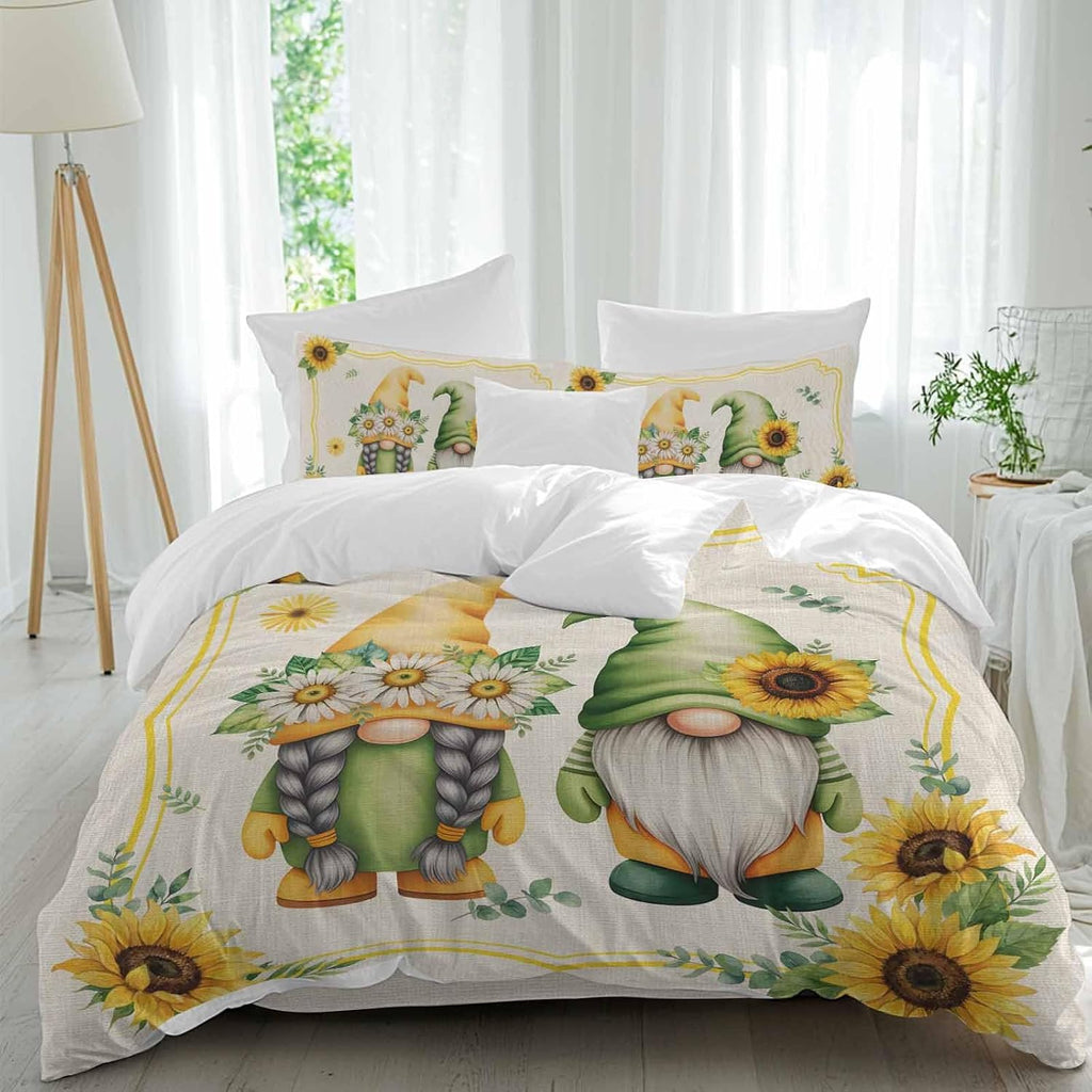 Summer Dwarfs Duvet Cover Set Queen Size 4 Pieces Yellow Sunflower Daisy Field Plant Vintage Bedding Set with Zipper Closure, 1 Comforter Cover 92x106 Inches 1 Flat Sheet & 2 Pillow Cases