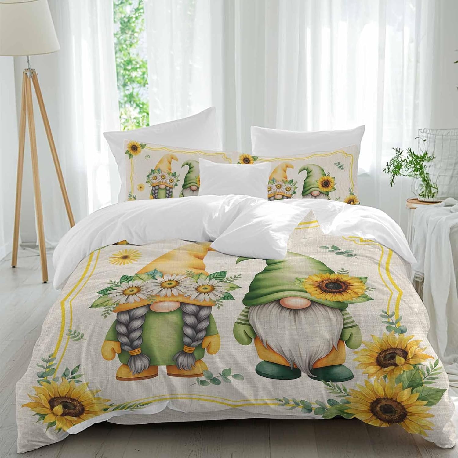 Summer Dwarfs Duvet Cover Set Queen Size 4 Pieces Yellow Sunflower Daisy Field Plant Vintage Bedding Set with Zipper Closure, 1 Comforter Cover 92x106 Inches 1 Flat Sheet & 2 Pillow Cases