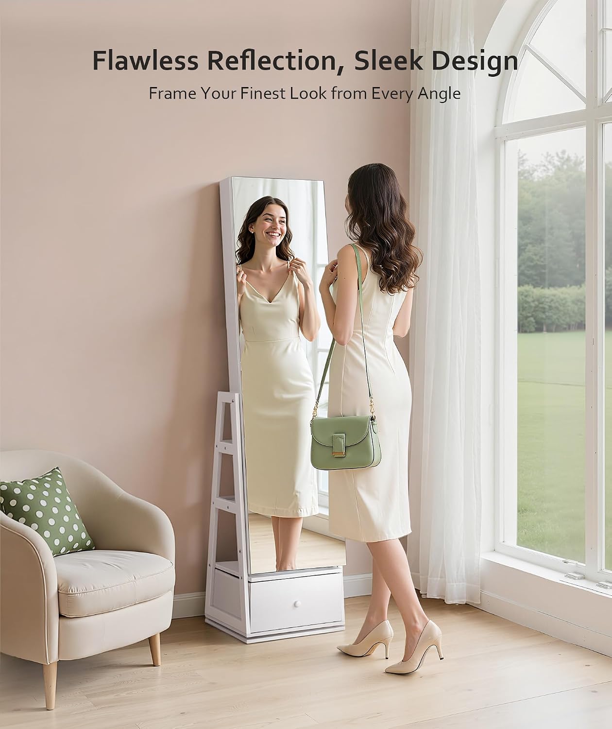 Nicetree 360°Swivel Jewelry Cabinet,Rotatable Full Length Mirror with Jewelry Storage,Standing Jewelry Armoire Organizer, Lockable Jewelry Organizer with 3 Rear Shelves,Bottom Drawer,Pure White