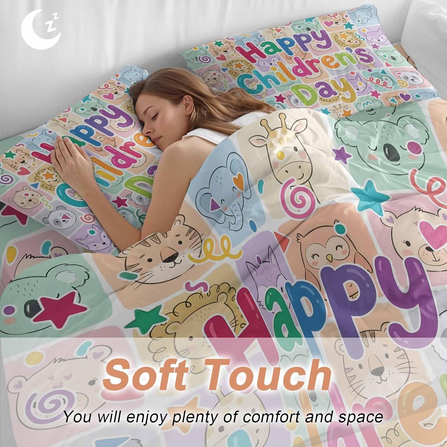 Happy Children's Day Duvet Cover Set Queen 4 Pieces Cartoon Animal Tigers Koalas Elephant Lions Foxes Plaid Bedding Set with Zipper Closure,1 Comforter Cover 92x106 Inch 1 Flat Sheet&2 Pillow Cases