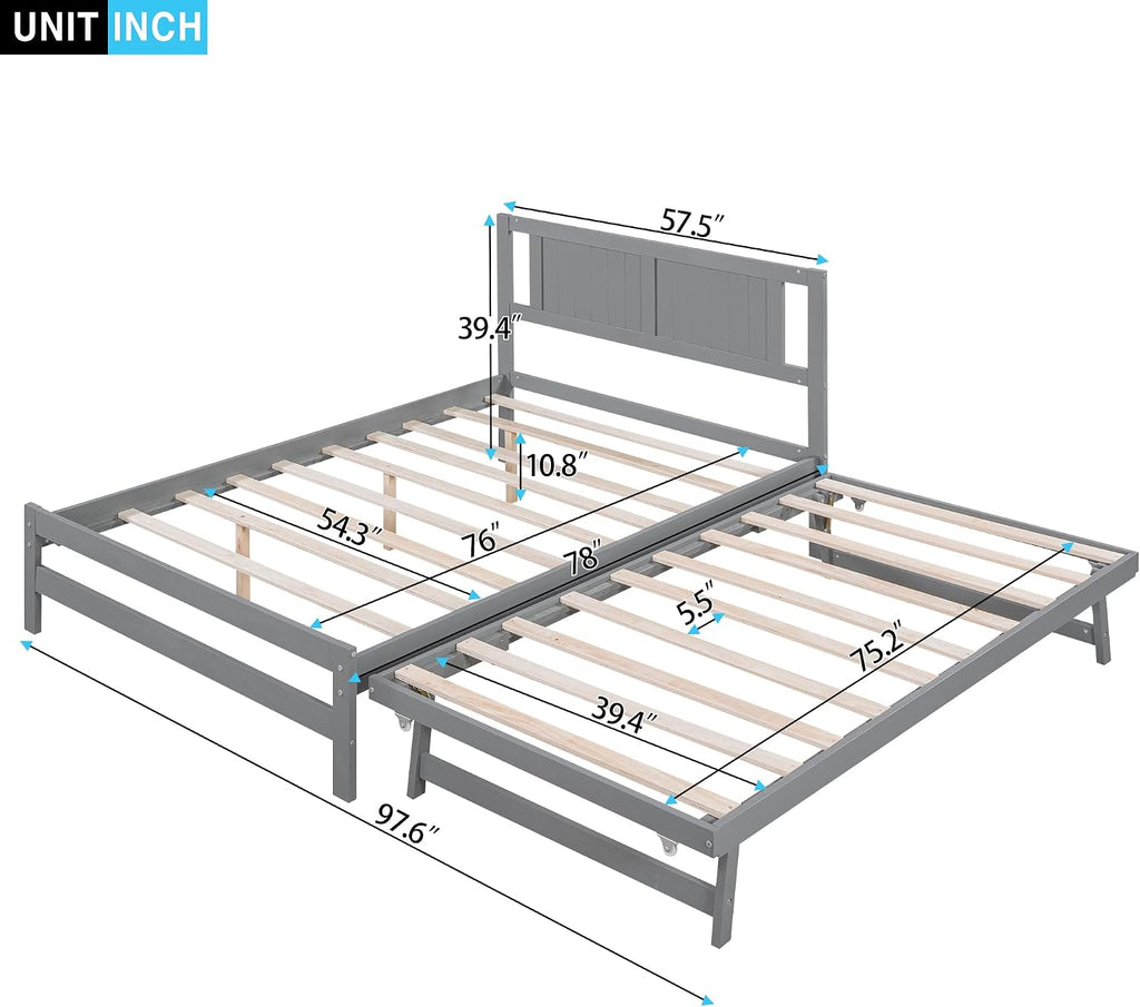 Merax Full Size Wooden Platform Bed with Headboard and Twin Size Adjustable Trundle for Kids, Gray Full Bed with Wood Slats Support for Kidsroom or Bedroom, No Box Spring Needed