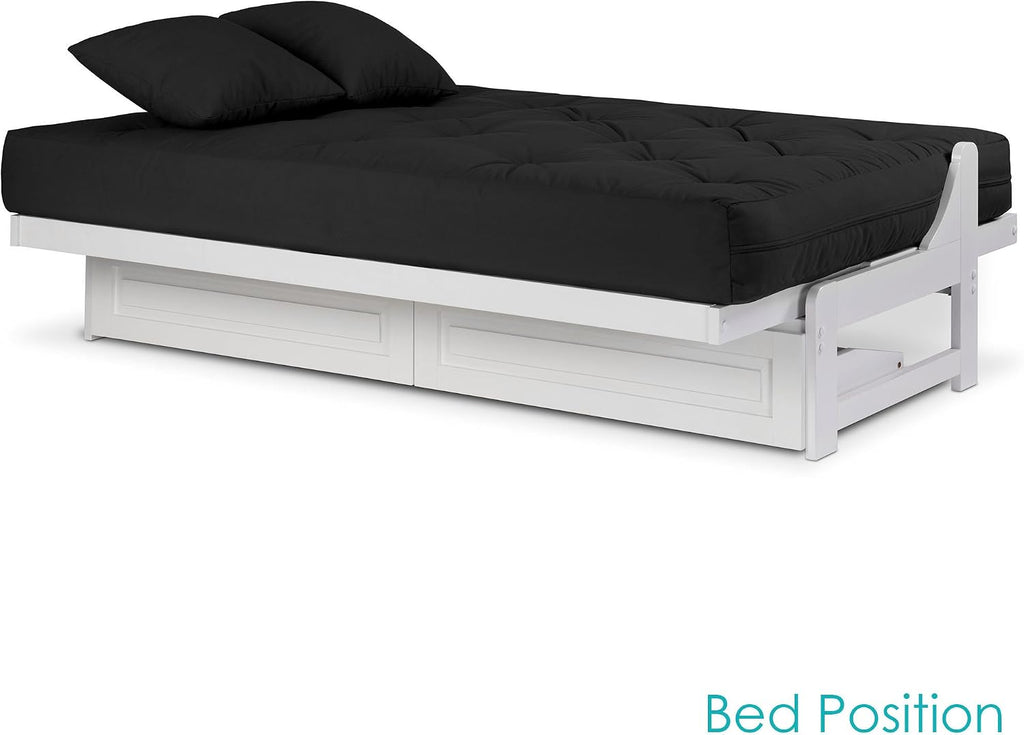 Nirvana Futons Arden White Futon with Storage Drawers Full or Queen Size - Space Saving Armless Design with Comfortable Mattress (Twill Black), Sofa Bed Available in