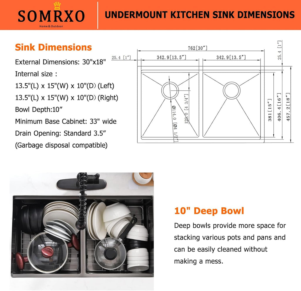 30 Inch Black Undermount Kitchen Sink Double Bowl - 30x18 Undermount Workstation Sink 16 Gauge Black Stainless Steel 10 Inch Deep Double Bowl Kitchen Sinks