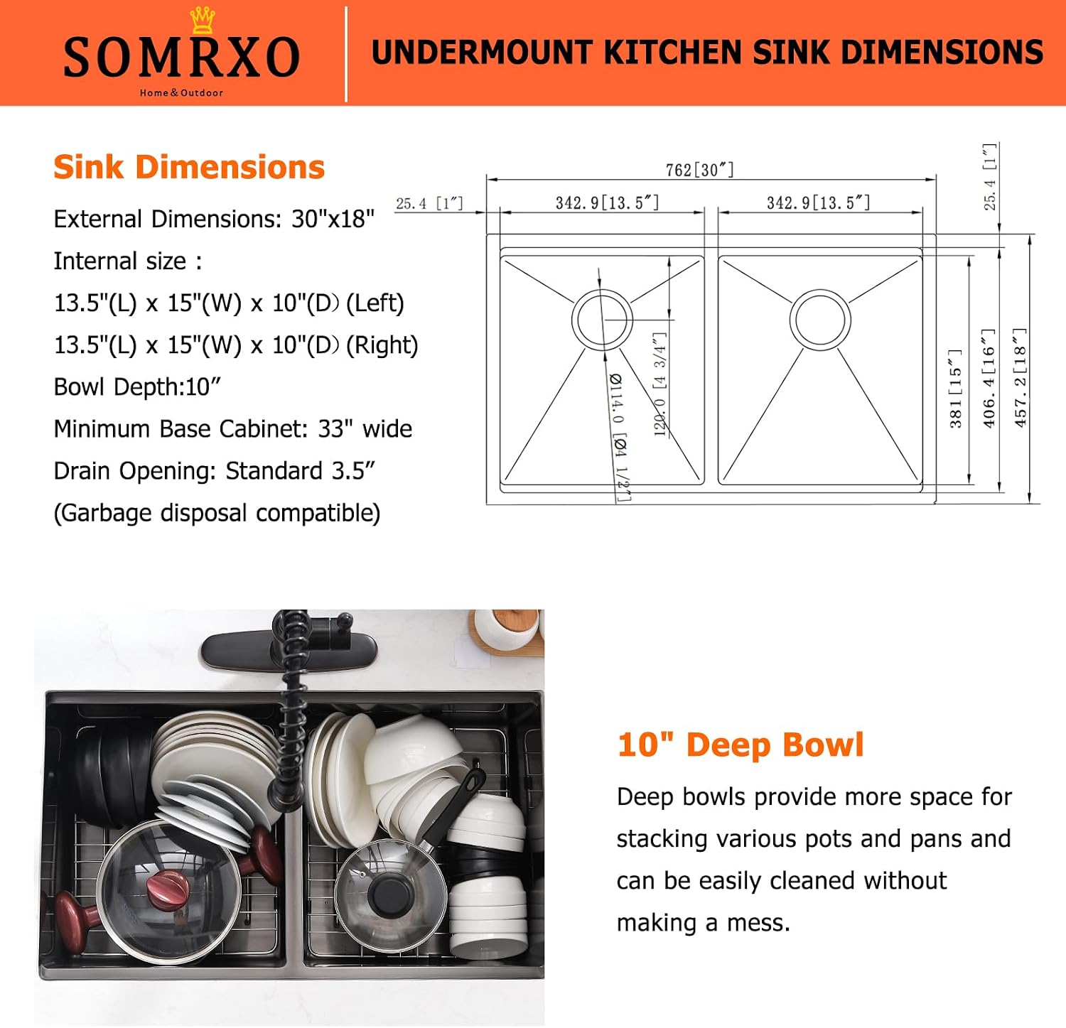 30 Inch Black Undermount Kitchen Sink Double Bowl - 30x18 Undermount Workstation Sink 16 Gauge Black Stainless Steel 10 Inch Deep Double Bowl Kitchen Sinks