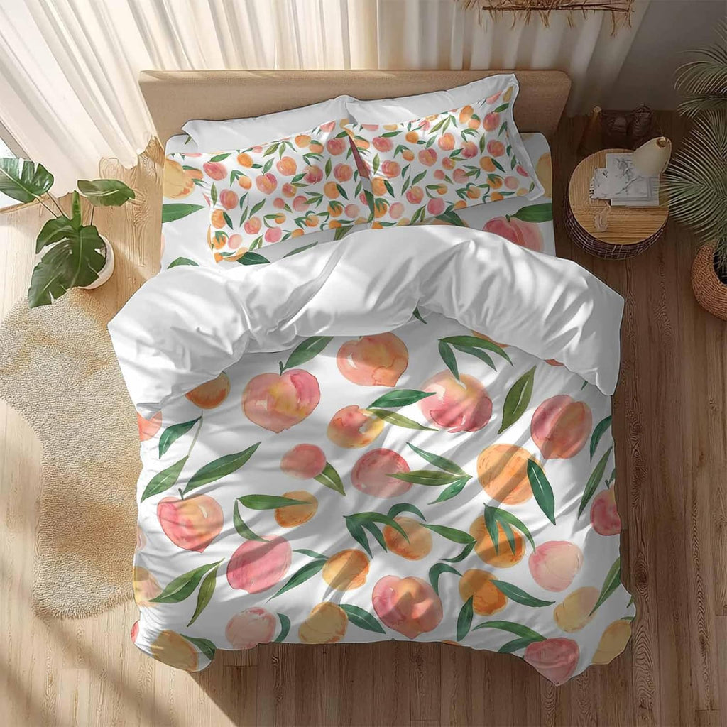 Peaches Watercolor Duvet Cover Set Queen Size 4 Pieces Pink Fruit Green Leaf Gradient Abstract Bedding Set with Zipper Closure, 1 Comforter Cover 92x106 Inches 1 Flat Sheet & 2 Pillow Cases