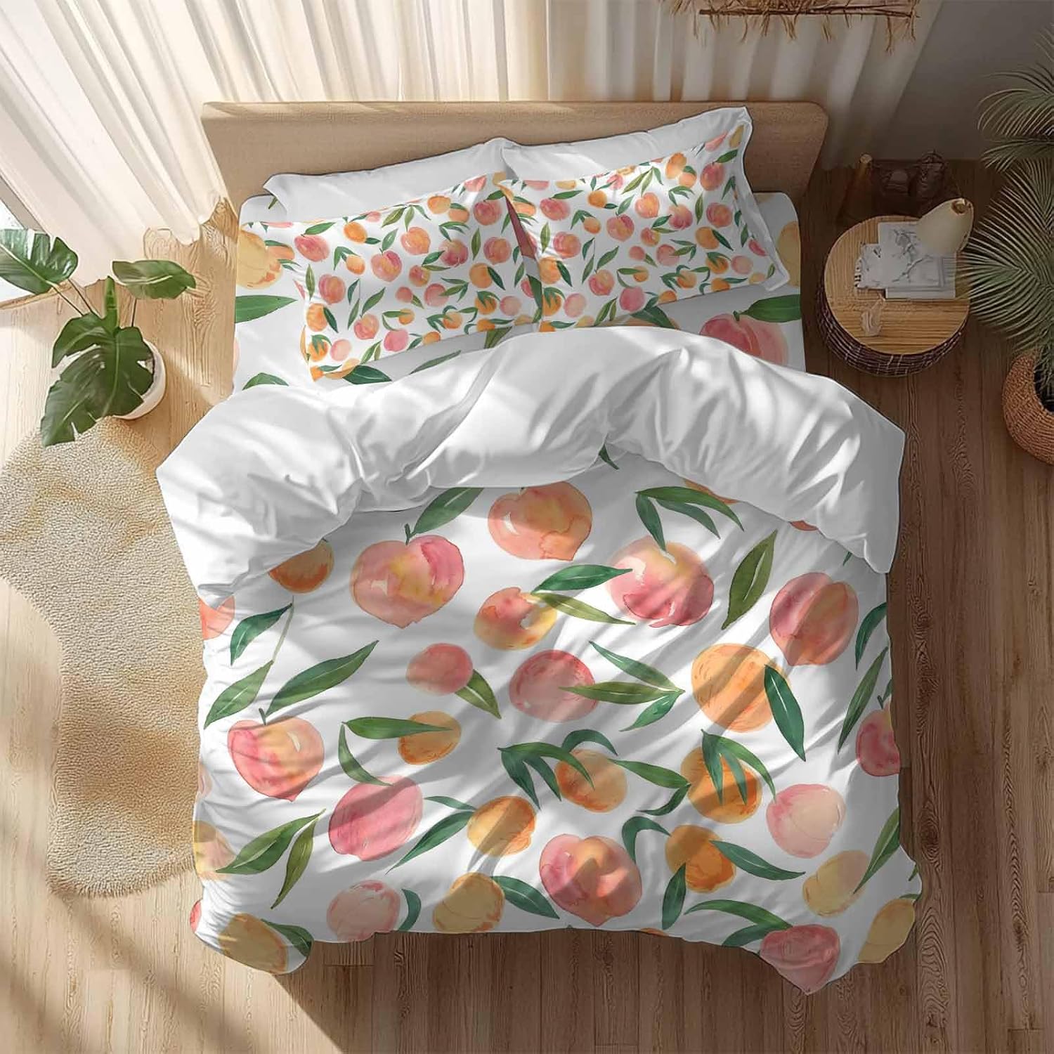 Peaches Watercolor Duvet Cover Set Queen Size 4 Pieces Pink Fruit Green Leaf Gradient Abstract Bedding Set with Zipper Closure, 1 Comforter Cover 92x106 Inches 1 Flat Sheet & 2 Pillow Cases