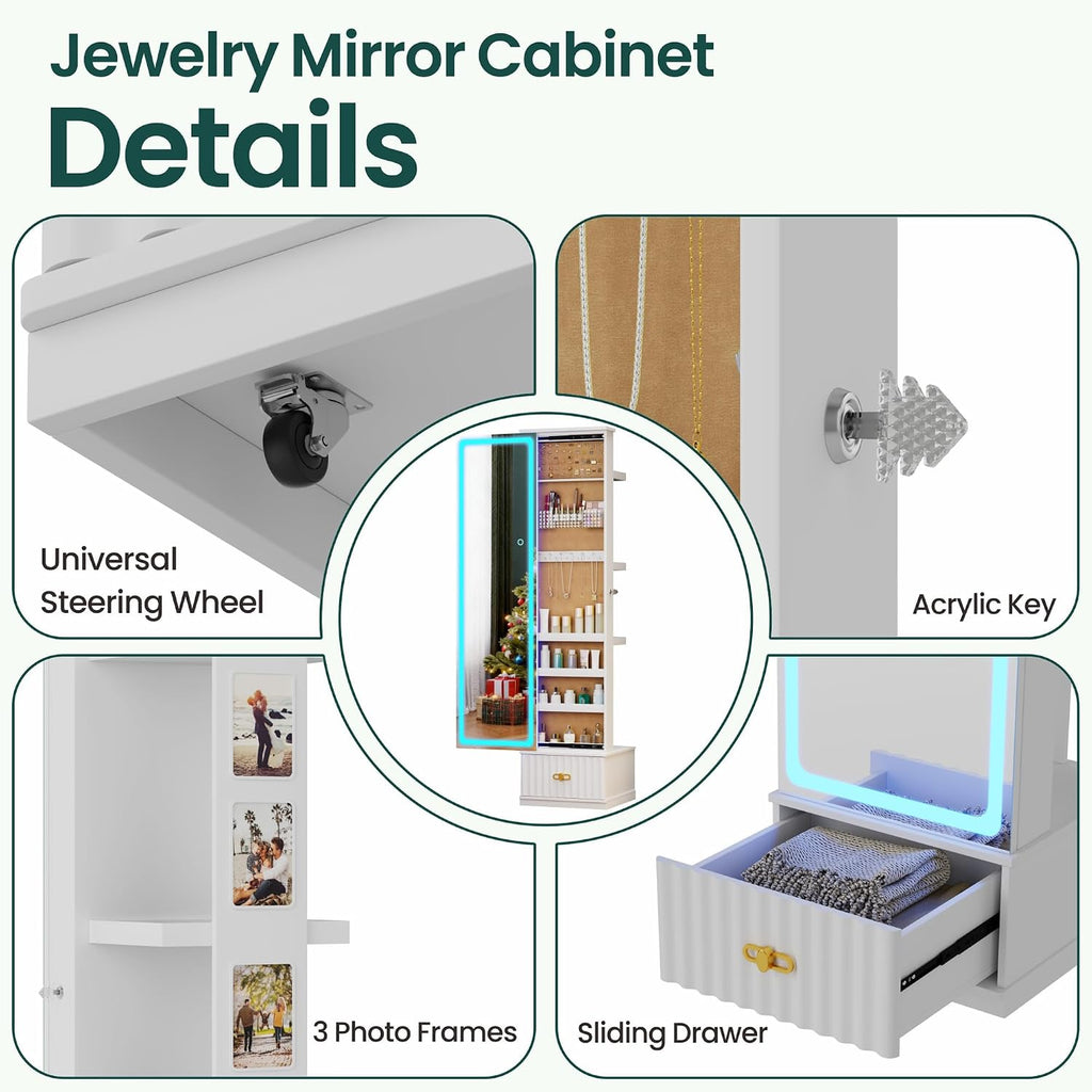 HNEBC LED Jewelry Cabinet Standing, Full Length Mirror with Storage/3 Color Adjustable LIghts, Jewelry Armoire has 3 Photo Frames/4 Shelfs/1 Drawer,Space-Saving Organizer,Gifts for Women