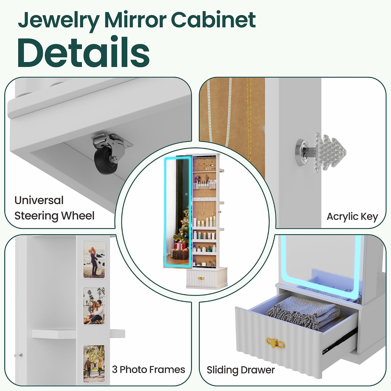 HNEBC LED Jewelry Cabinet Standing, Full Length Mirror with Storage/3 Color Adjustable LIghts, Jewelry Armoire has 3 Photo Frames/4 Shelfs/1 Drawer,Space-Saving Organizer,Gifts for Women