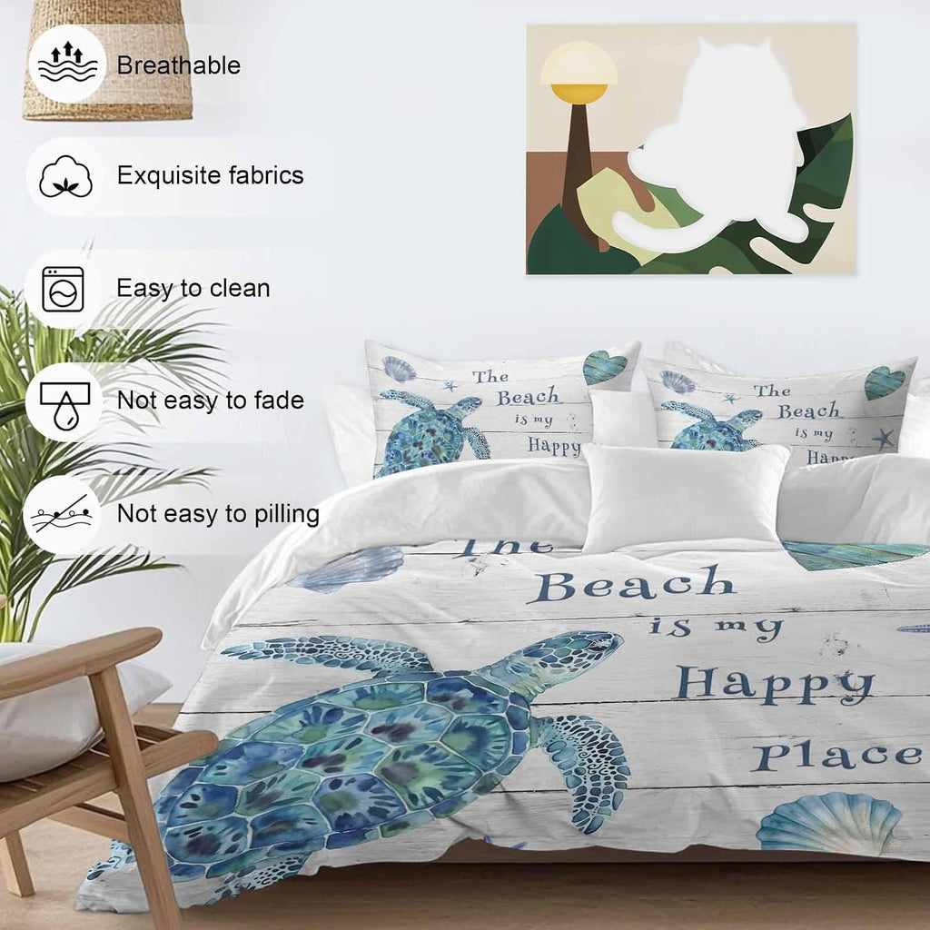 Blue Sea Turtle Duvet Cover Set Queen Size 4 Pieces Beach Happy Place Seashell Starfish Retro Wood Grain Bedding Set with Zipper Closure, 1 Comforter Cover 92x106 Inches 1 Flat Sheet & 2 Pillow Cases