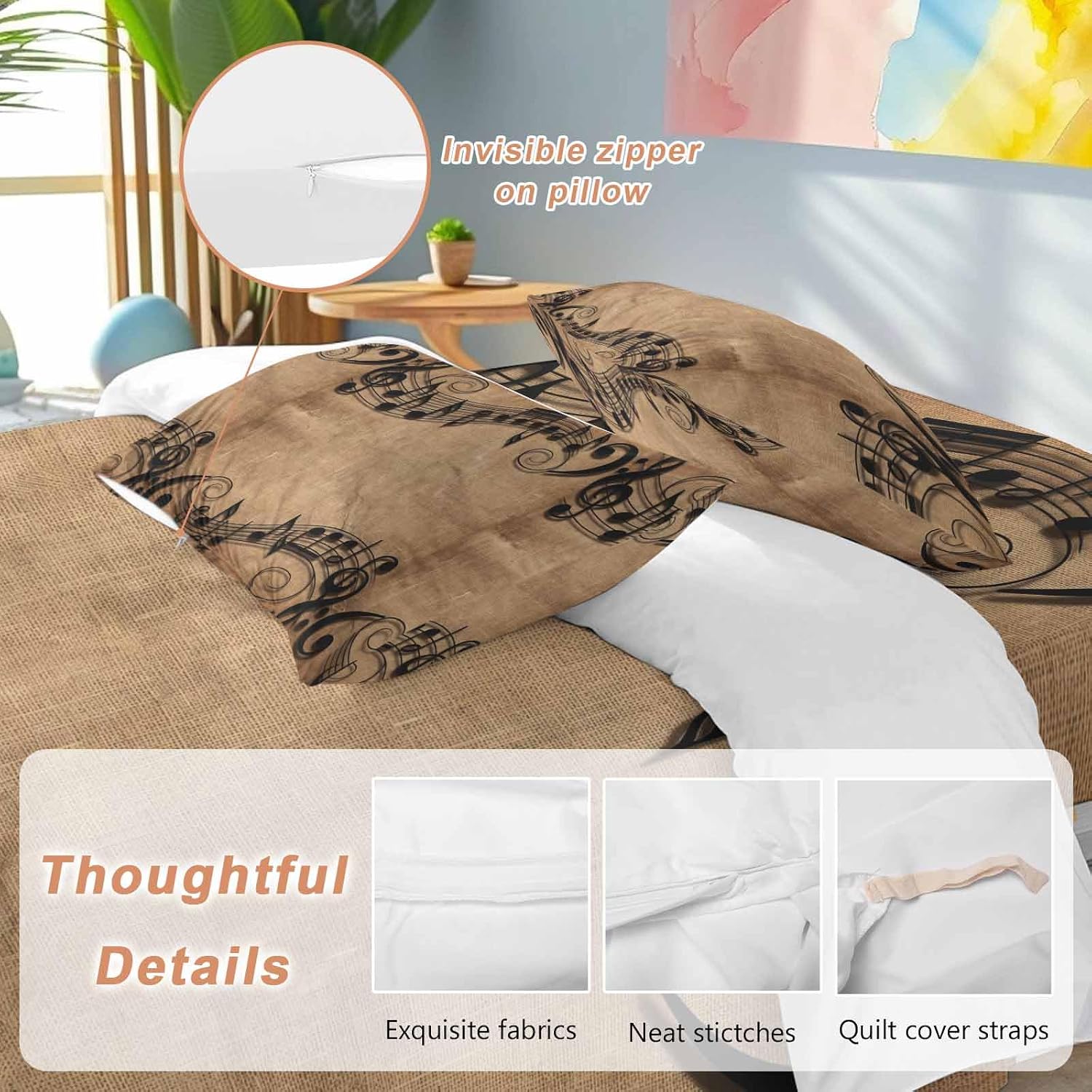 Musical Symbols Duvet Cover Set Queen Size 4 Pieces Musical Staff Retro Brown Background Modern Bedding Set with Zipper Closure, 1 Comforter Cover 90x92 Inches 1 Flat Sheet & 2 Pillow Cases
