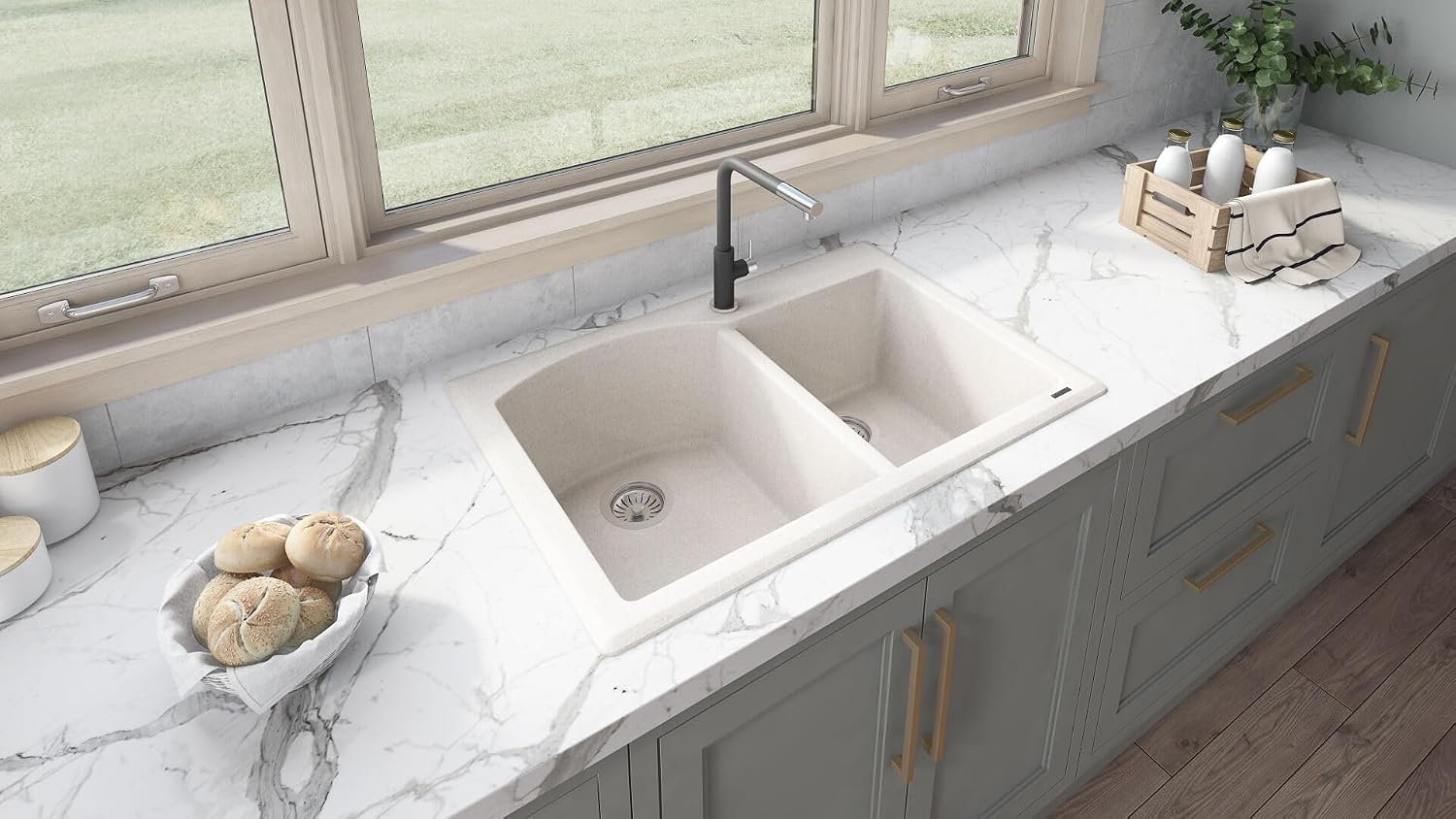 Ruvati 33 x 22 inch epiGranite Drop-in Topmount Granite Composite Quartz Double Bowl Kitchen Sink - Caribbean Sand - RVG1344CS