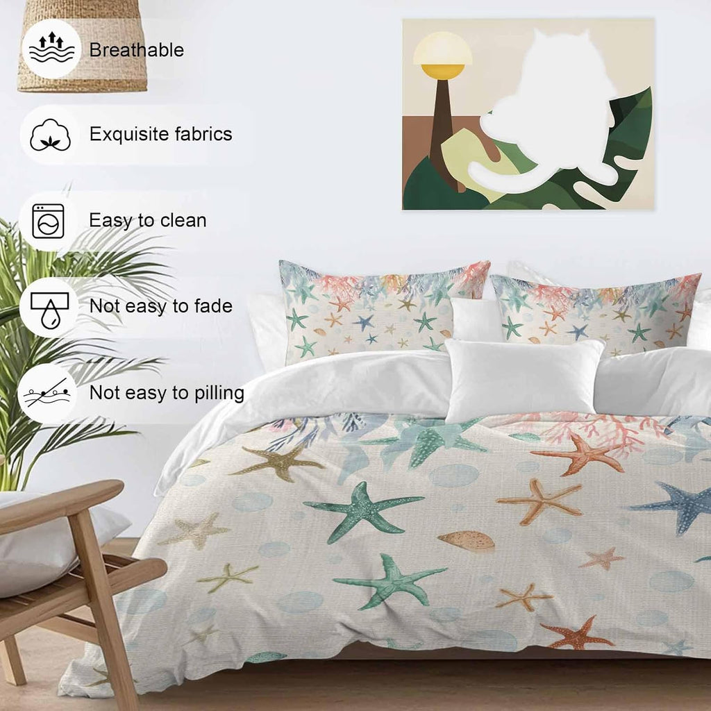 Oceans Animal Duvet Cover Set Queen Size 4 Pieces Summer Colorful Starfish Coral Seagrass Linen Texture Bedding Set with Zipper Closure, 1 Comforter Cover 92x106 Inches 1 Flat Sheet & 2 Pillow Cases