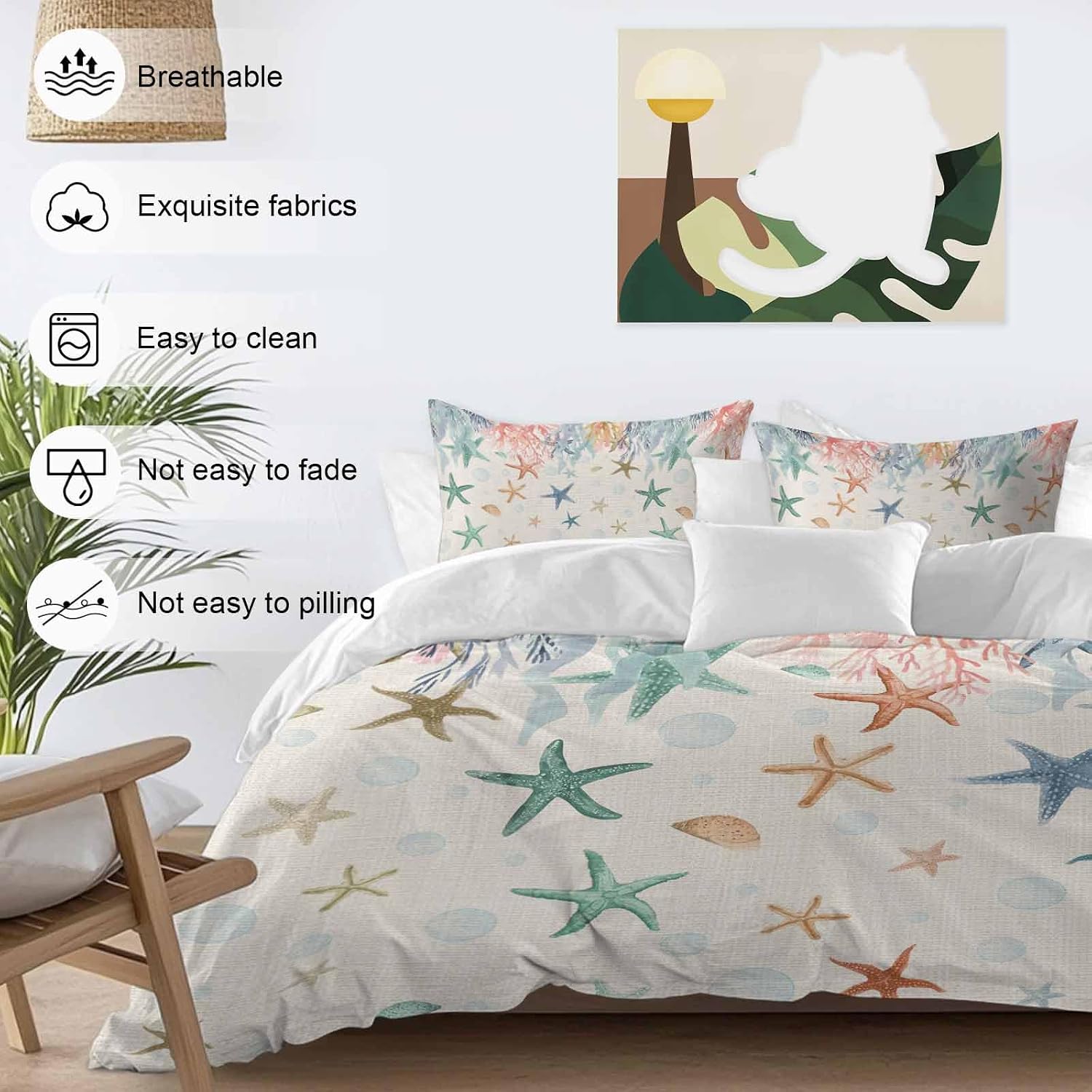 Oceans Animal Duvet Cover Set Queen Size 4 Pieces Summer Colorful Starfish Coral Seagrass Linen Texture Bedding Set with Zipper Closure, 1 Comforter Cover 92x106 Inches 1 Flat Sheet & 2 Pillow Cases