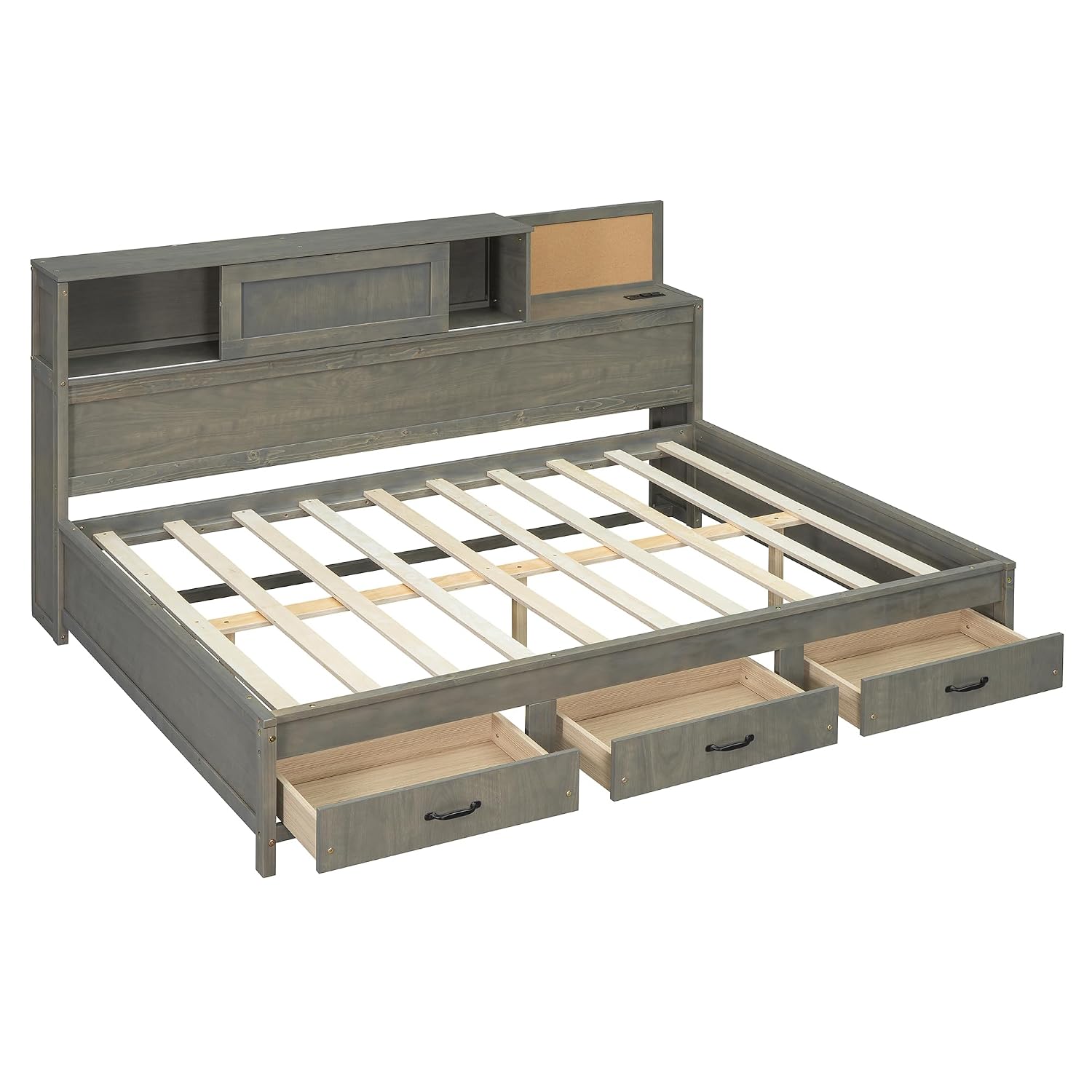 Ball & Cast Full Size Wooden Daybed with 3 Storage Drawers and Upper Soft Board,Versatile Day Bed w/a Set of Sockets & USB Ports,Bedroom Furniture for Apartment,Guest Room,Gray
