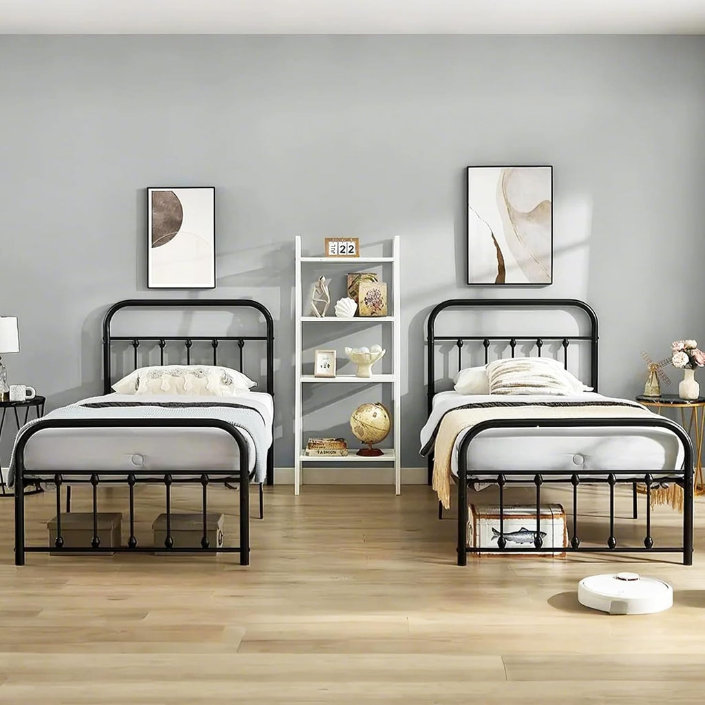 VECELO Twin Size Victorian Style Metal Bed Frame with Headboard Classic Metal Platform Bed Frame Mattress Foundation with Footboard/Under Bed Storage/No Box Spring Classic Black 2 Set