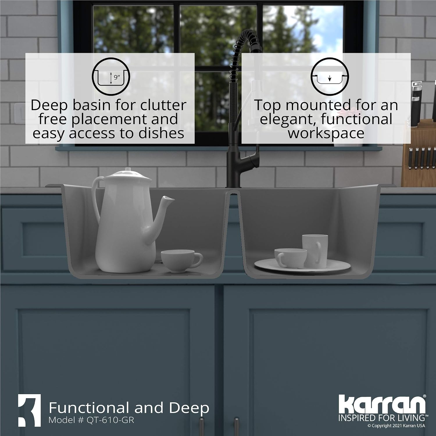 Karran 33' Drop-In/Top Mount Quartz Composite 1-Hole 60/40 Double Bowl Kitchen Sink in Grey