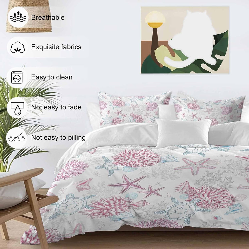 Summer Marine Life Duvet Cover Set Queen Size 4 Pieces Ocean Starfish Coral Coastal Sea Turtle Pink Bedding Set with Zipper Closure, 1 Comforter Cover 92x106 Inches 1 Flat Sheet & 2 Pillow Cases