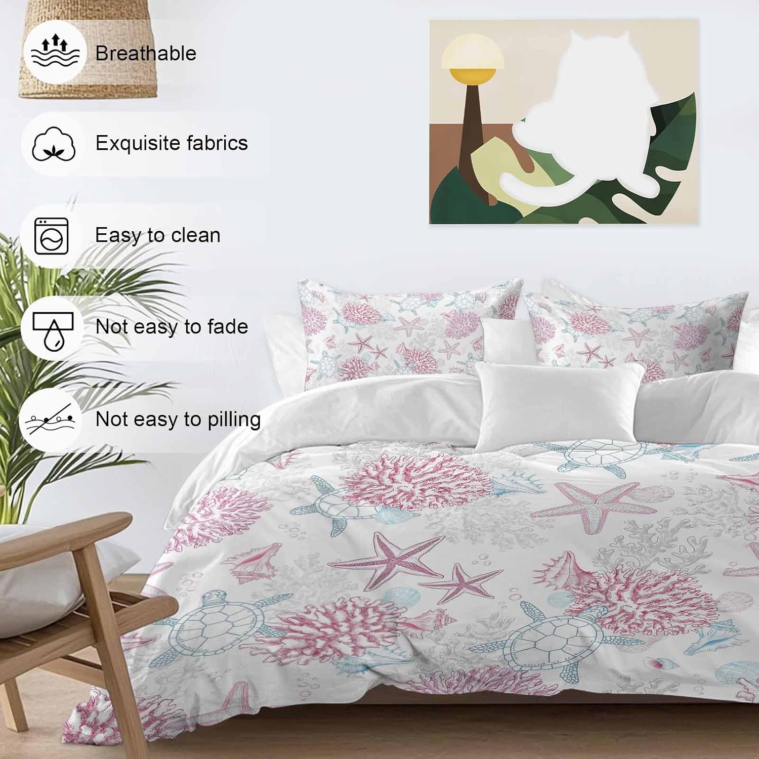 Summer Marine Life Duvet Cover Set Queen Size 4 Pieces Ocean Starfish Coral Coastal Sea Turtle Pink Bedding Set with Zipper Closure, 1 Comforter Cover 92x106 Inches 1 Flat Sheet & 2 Pillow Cases