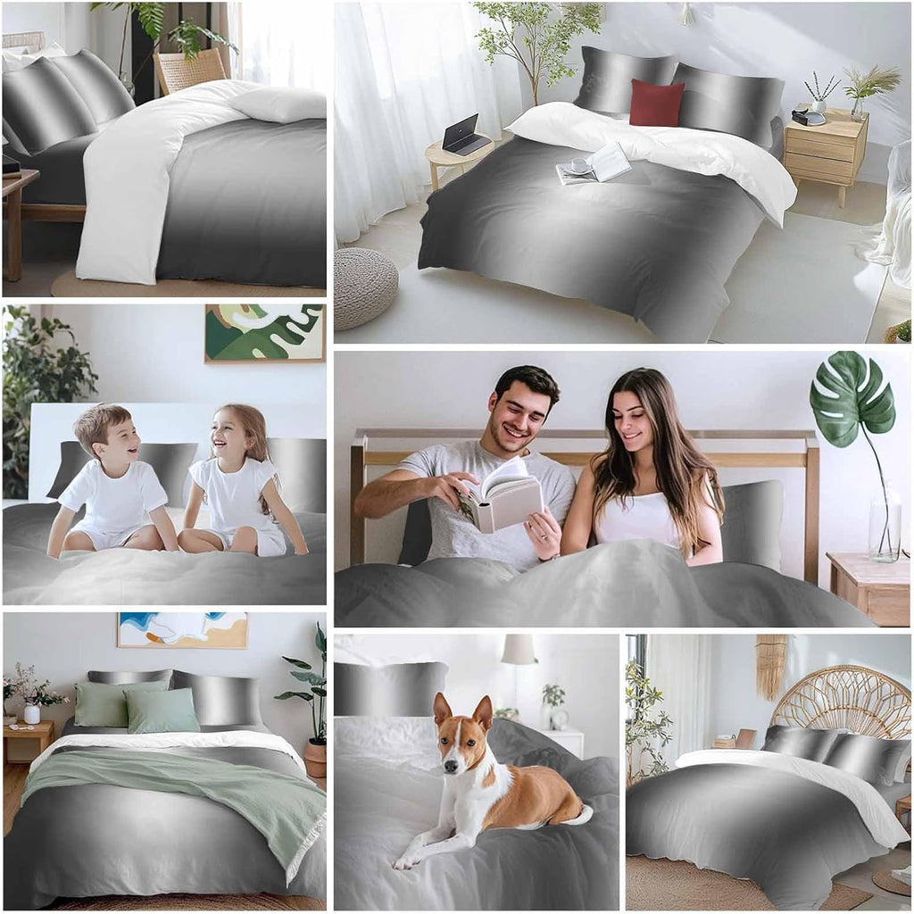Gradient Gray Black Duvet Cover Set Queen Size 4 Pieces Modern Abstract Minimalist Grey Ocean Beach Bedding Set with Zipper Closure, 1 Comforter Cover 92x106 Inches 1 Flat Sheet & 2 Pillow Cases