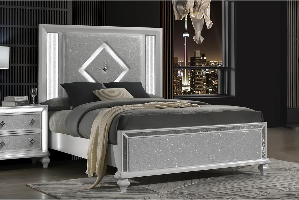 HomeStock White Bed Frame with Lights - Modern Bedroom Furniture - Headboard & Footboard Queen