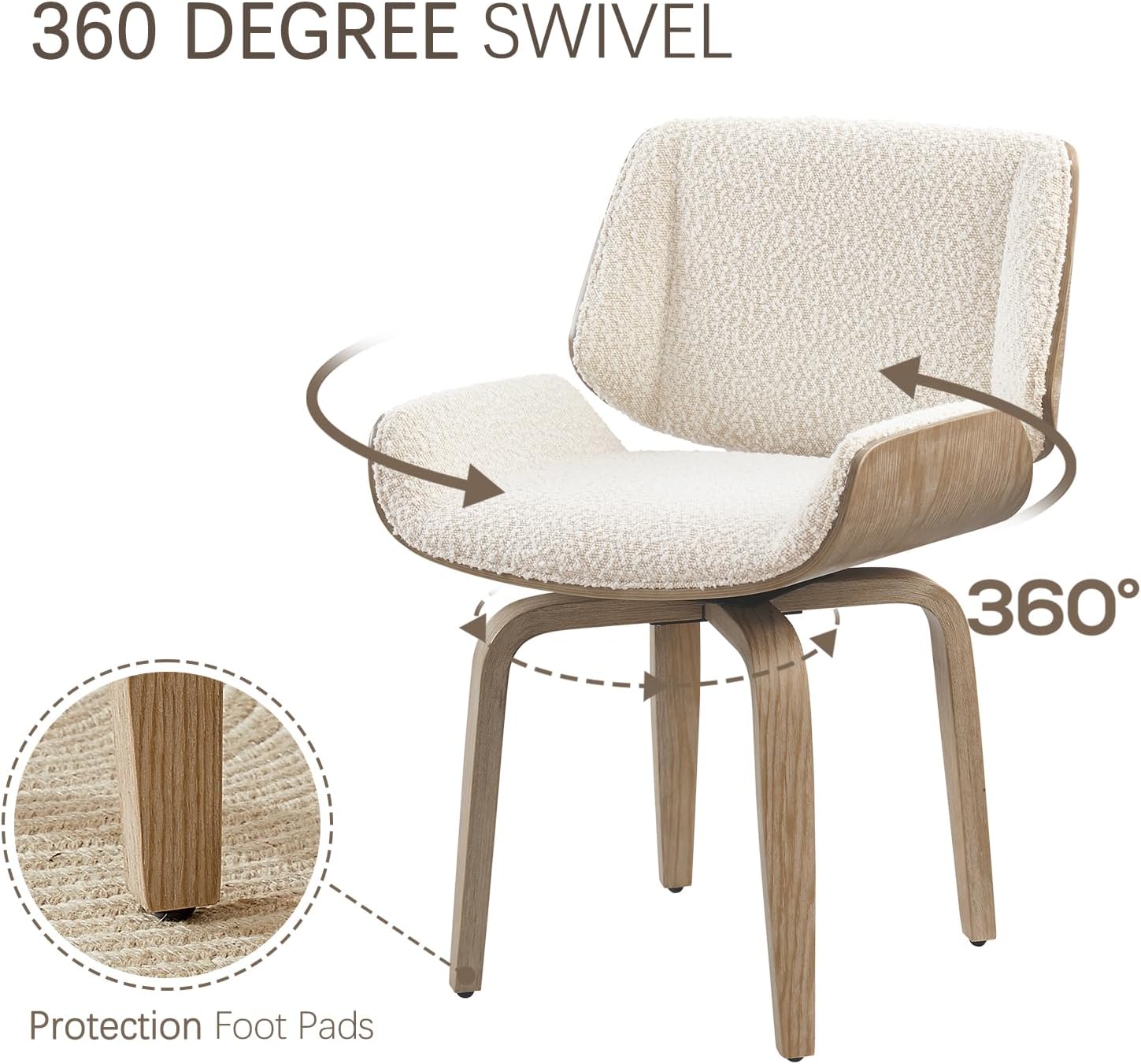 Zouron Swivel Dining Chair, Fabric Upholstered Dining Room Chair with Wood Legs, Mid Century Modern Armless Side Chair for Small Space Living Room Bedroom, 1 Pcs, Boucle Off White