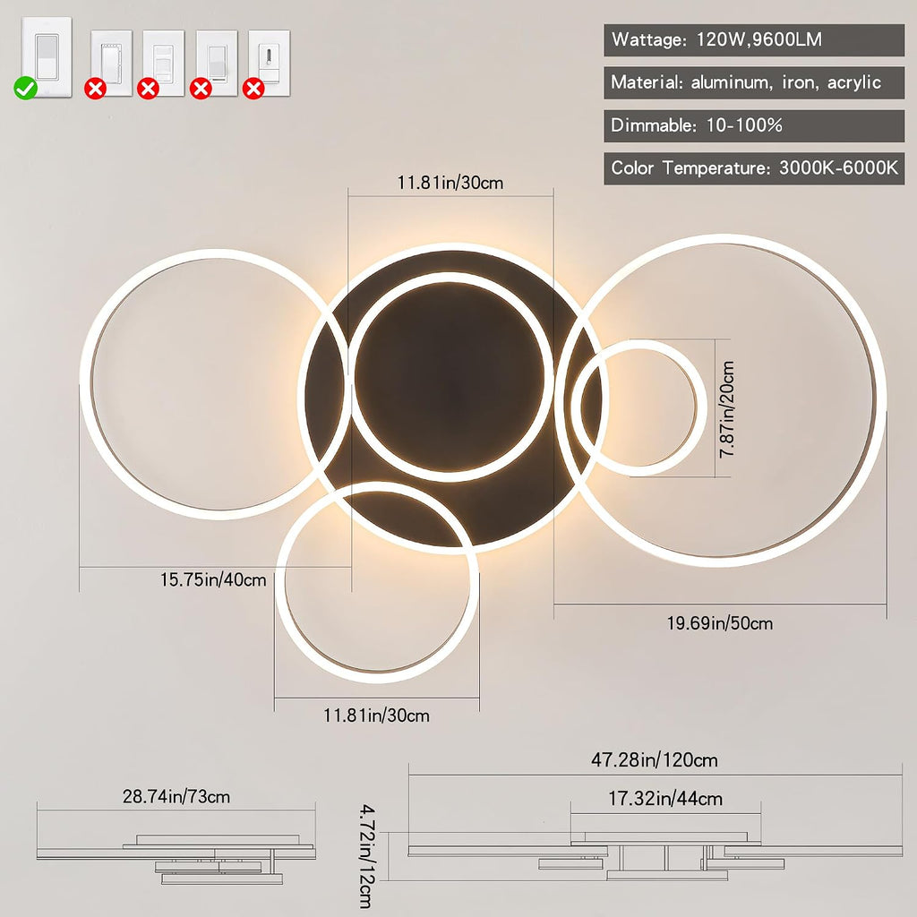 O'NEELDY Black Flush Mount Ceiling Light Dimmable Dining Room Light Fixture Round 6 Rings Modern LED Ceiling Light with Remote Control 47' Kitchen Lighting Fixture Ceiling Lamp for Living Room,Bedroom
