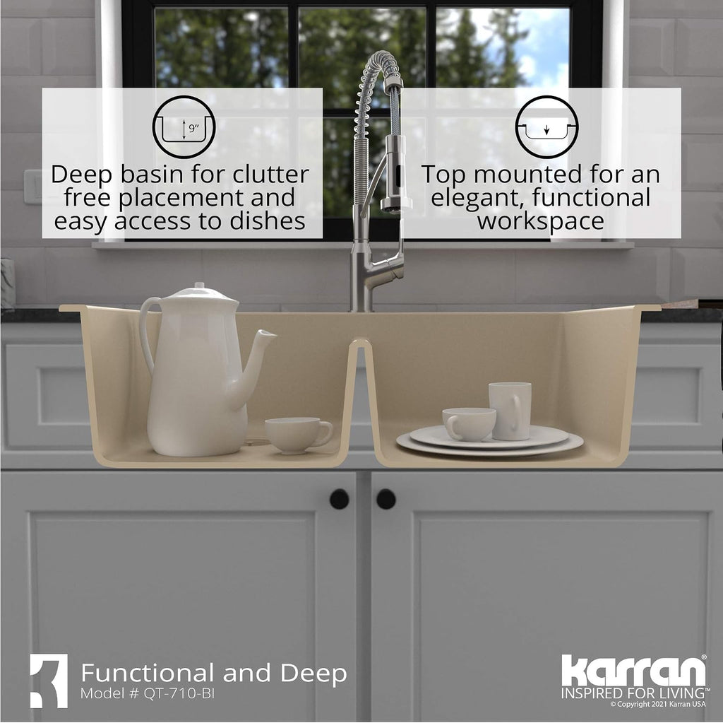 Karran QT-710 33 Inch Top Mount Double Bowl Kitchen Sink, 50/50 Low Divide Quartz Composite Drop-In Sink, Rear Drain, Heat and Scratch Resistant, Bisque
