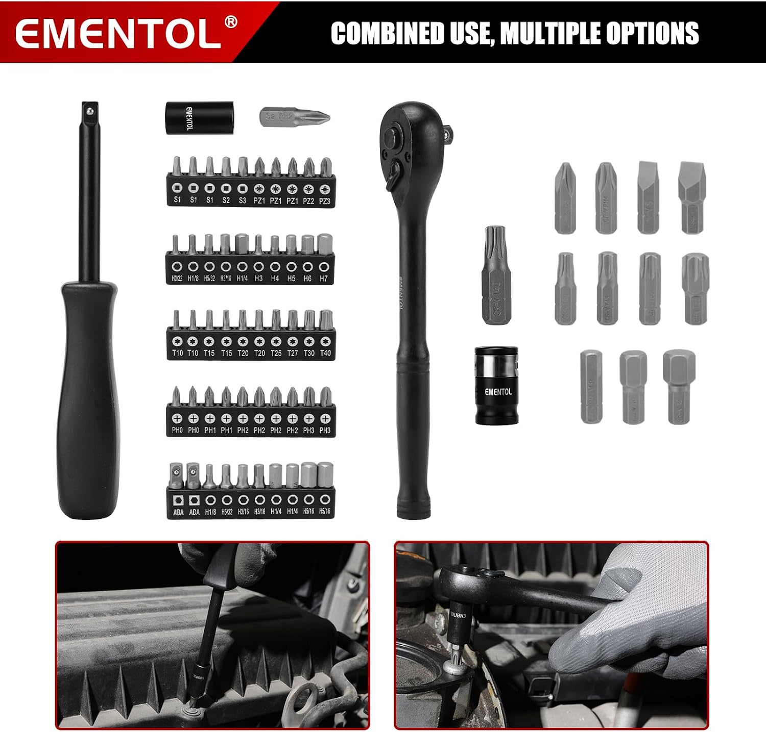 EMENTOL 189-Piece Impact Socket Set, 1/4' & 3/8' Drive Metric and SAE Sizes, CR-V Steel, Includes Deep & Shallow Sockets, Ratchets, Bits, Extensions, Spark Plug Socket & More, with Plastic Tool Case