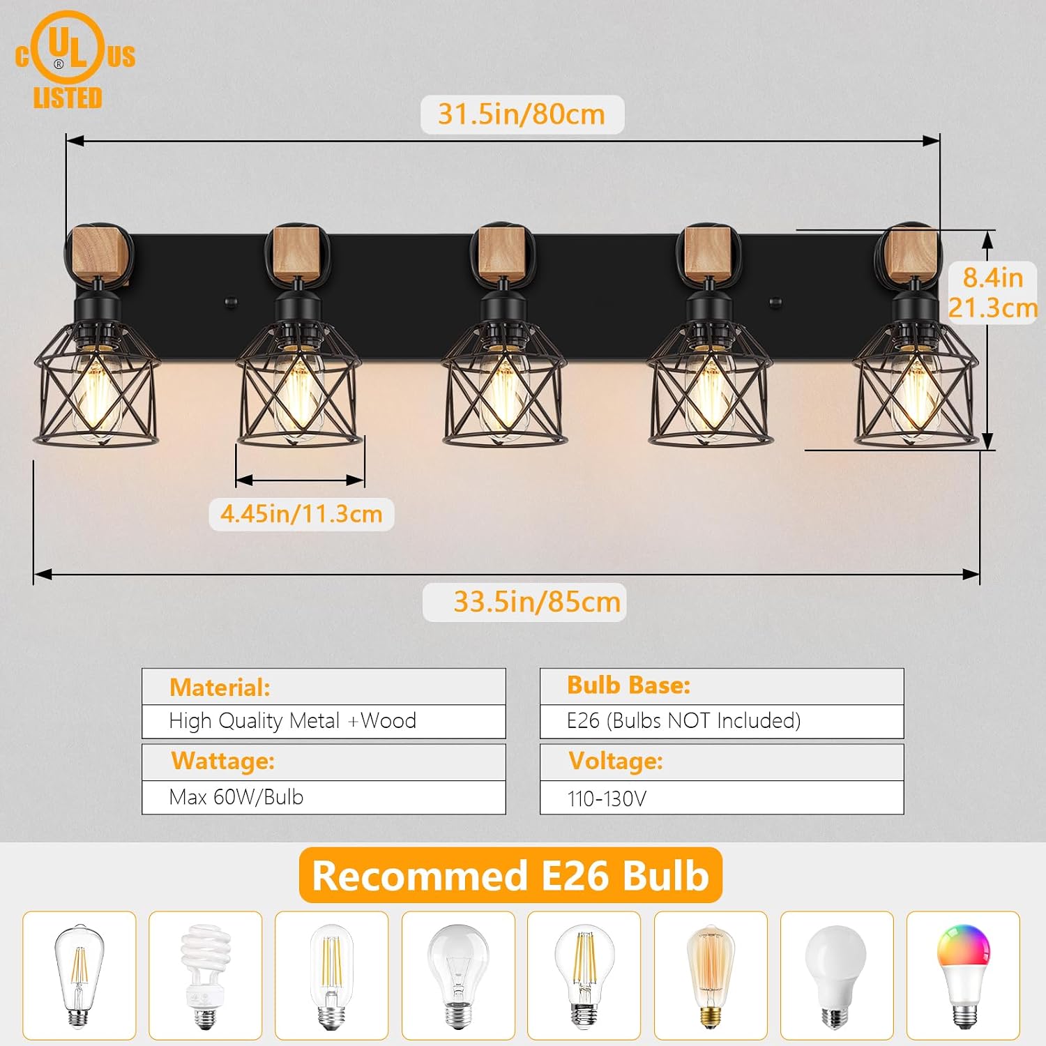 FadimiKoo 5-Light Wooden Black Bathroom Light Fixtures, Rustic Style Vanity Wall Sconces Lighting with Metal Cage, Farmhouse Bathroom Lights Wall Mount for Bedroom, Living Room, Entrance